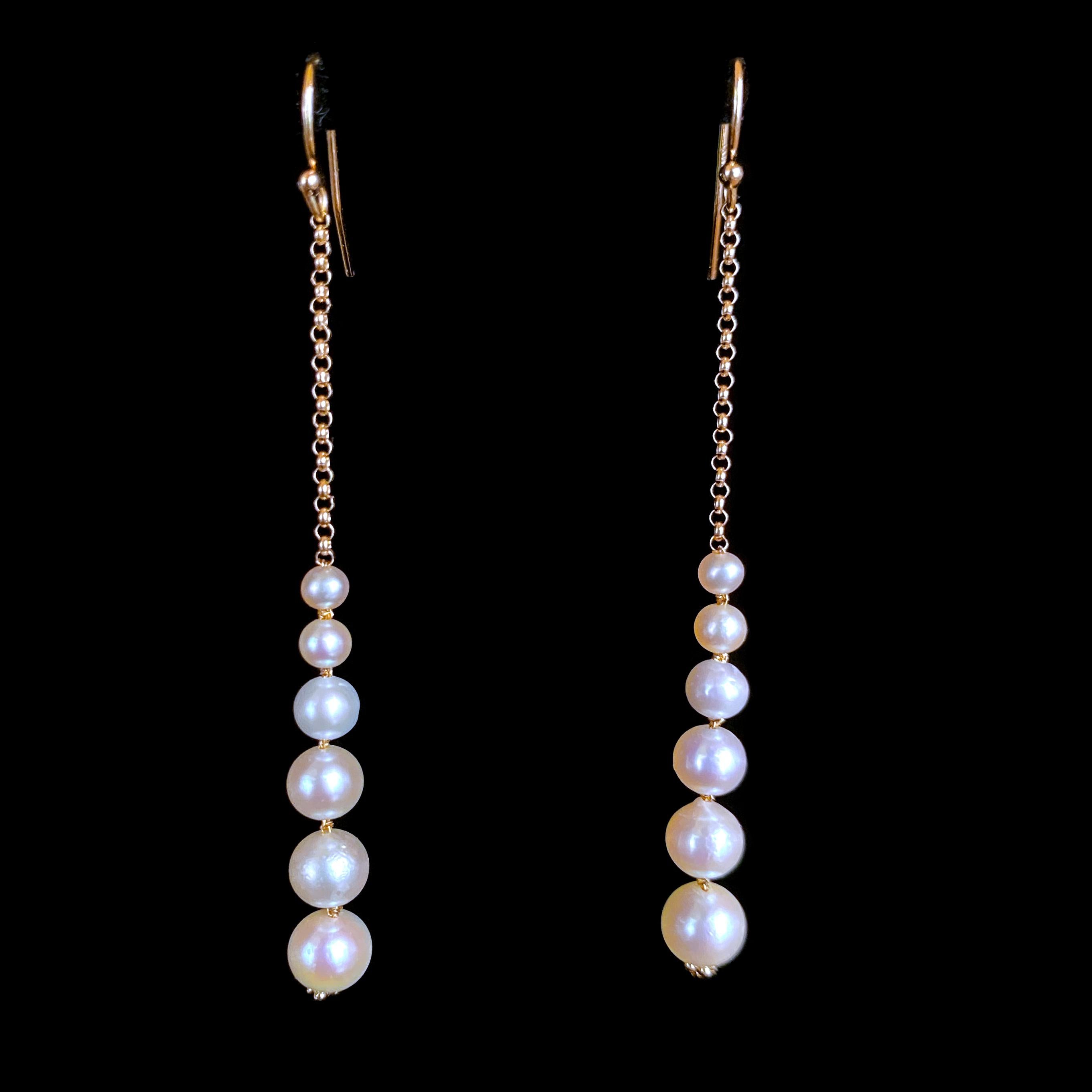Artisan Marina J. Dangle Graduated Pearl Earrings with solid 14k Yellow Gold For Sale