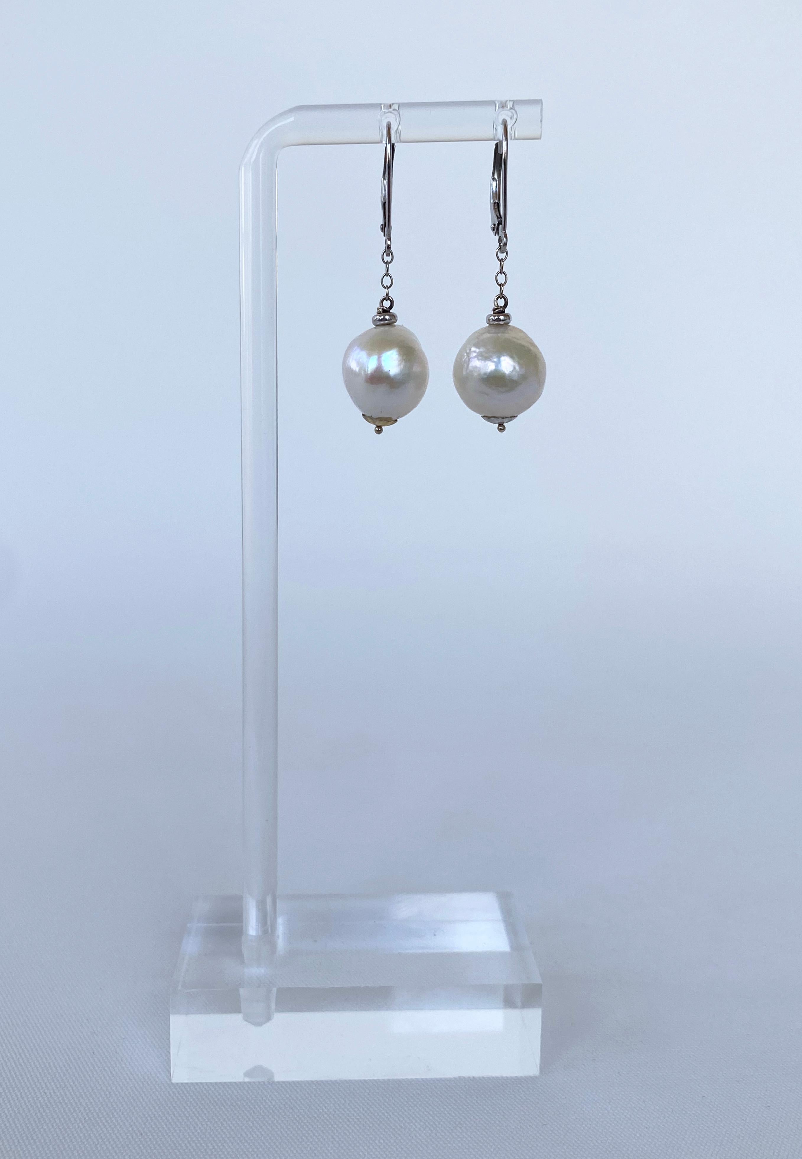 Bead Marina J. Dangle Pearl Earrings with Solid 14k White Gold & Lever Back Hooks For Sale