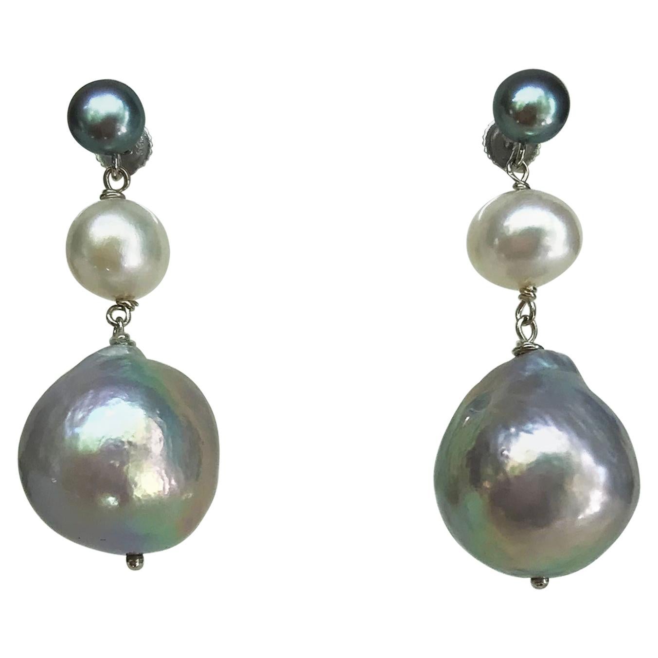 Marina J. Dark Grey, White and Light Grey Pearl Earrings with 14 Karat Gold For Sale