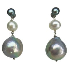 Marina J. Dark Grey, White and Light Grey Pearl Earrings with 14 Karat Gold