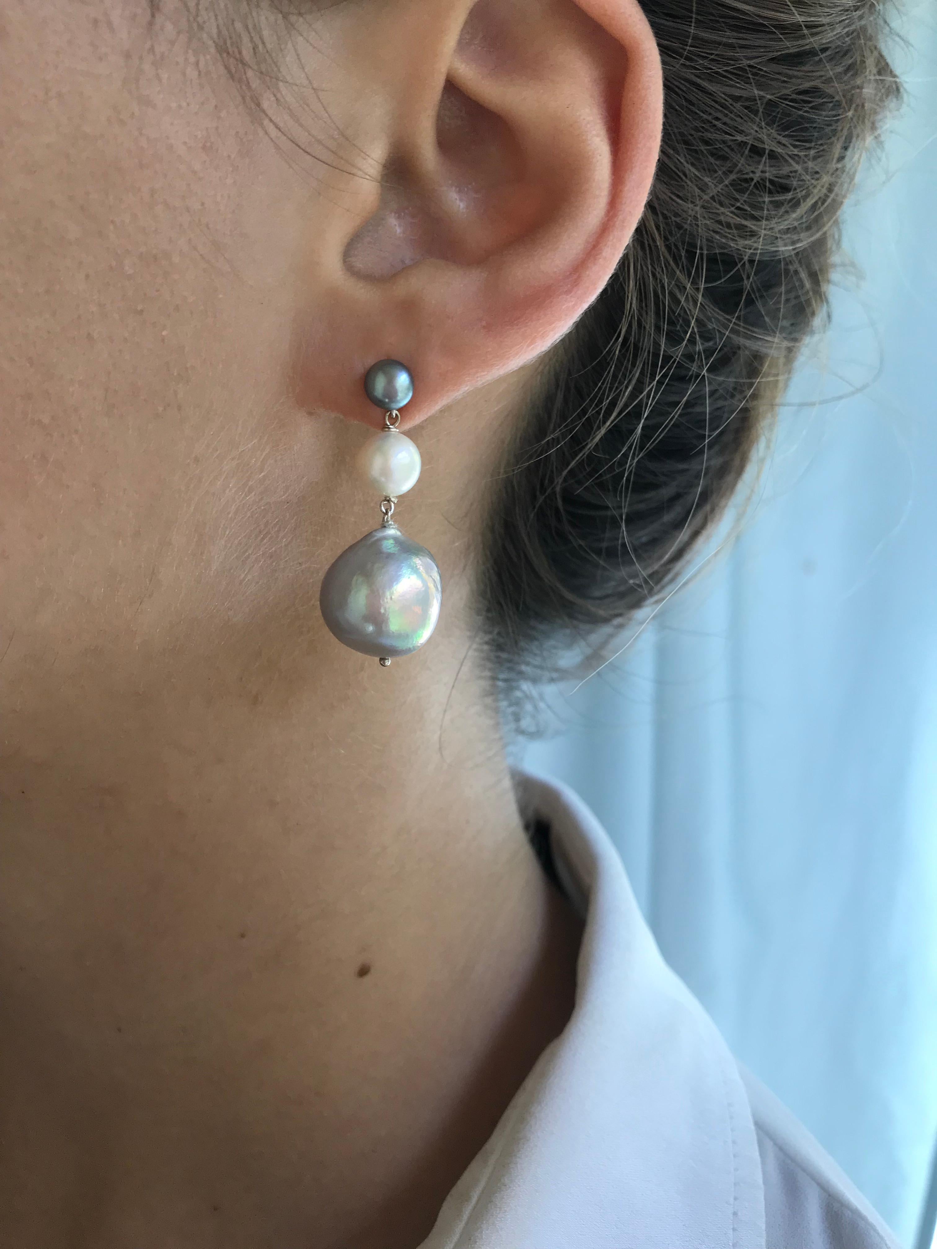 Artist Marina J. Dark Grey, White and Light Grey Pearl Earrings with 14 Karat Gold For Sale