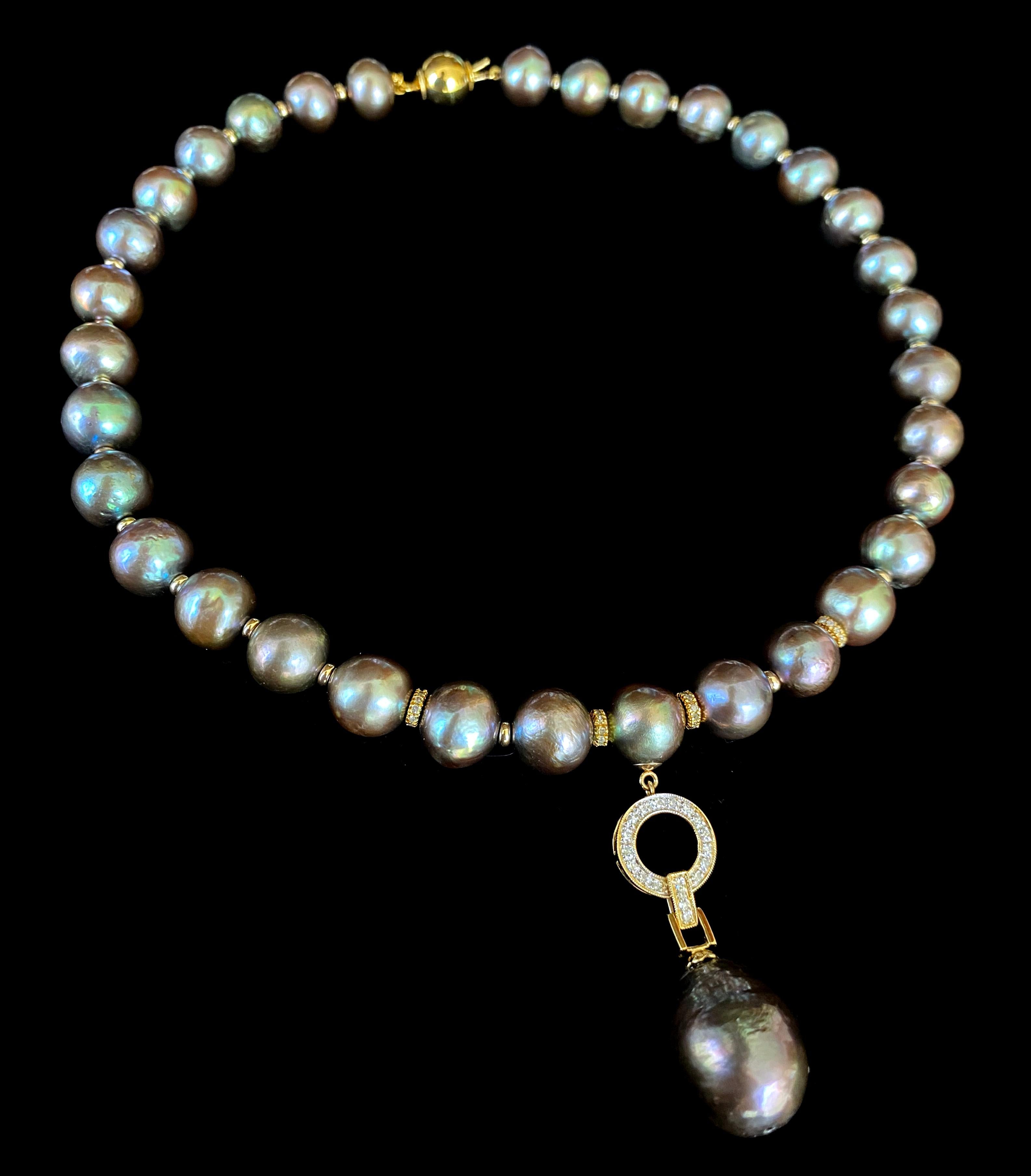 Marina J Einzigartige schwarze Perlenkette + Diamanten & massives 14k Gelbgold (Kissenschliff) im Angebot