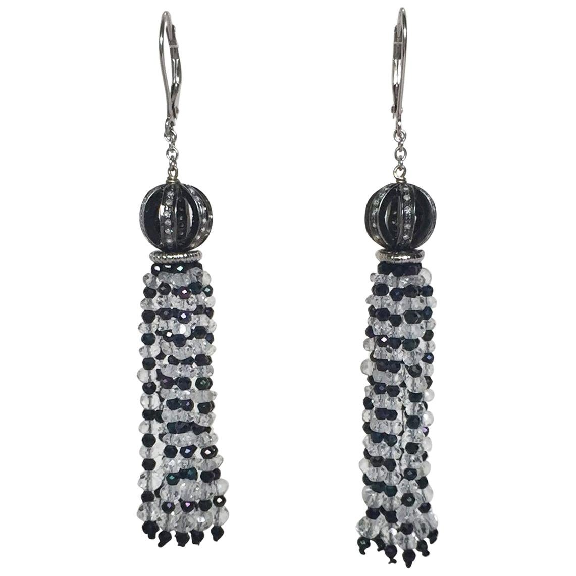 Marina J Diamond Encrusted Ball Earrings with Quartz and Black Spinel Tassels For Sale