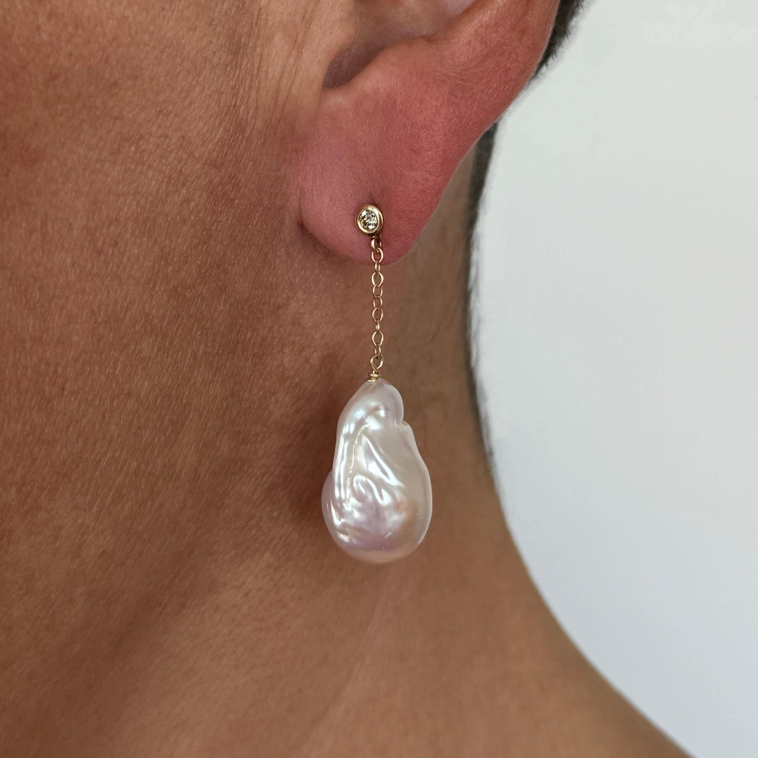 Artisan Marina J. Diamond Studded Earring with Baroque Pearl & Solid 14k Yellow Gold For Sale