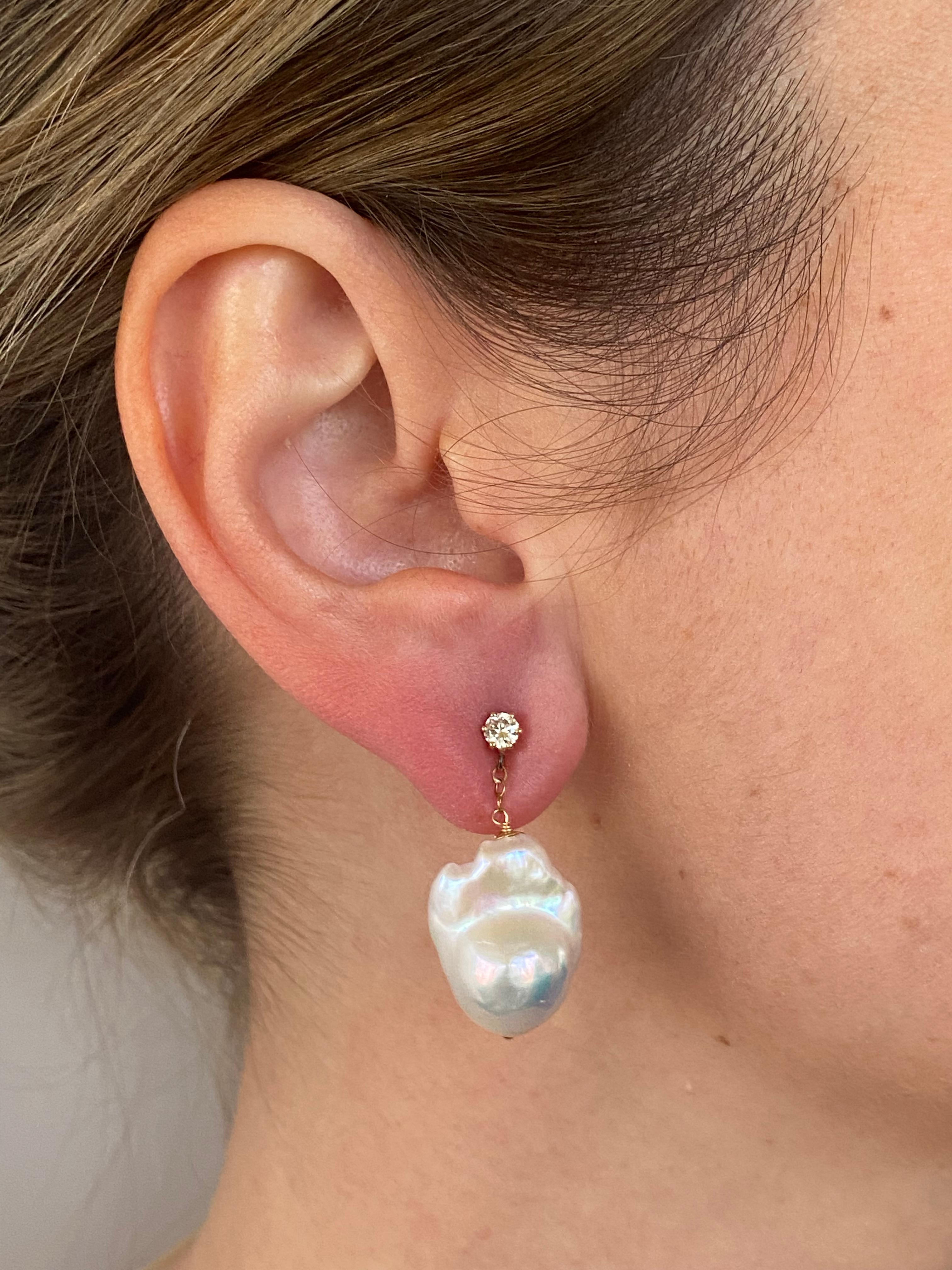 Artisan Marina J. Diamond Studded Pearl Earrings with 14k Solid Gold For Sale