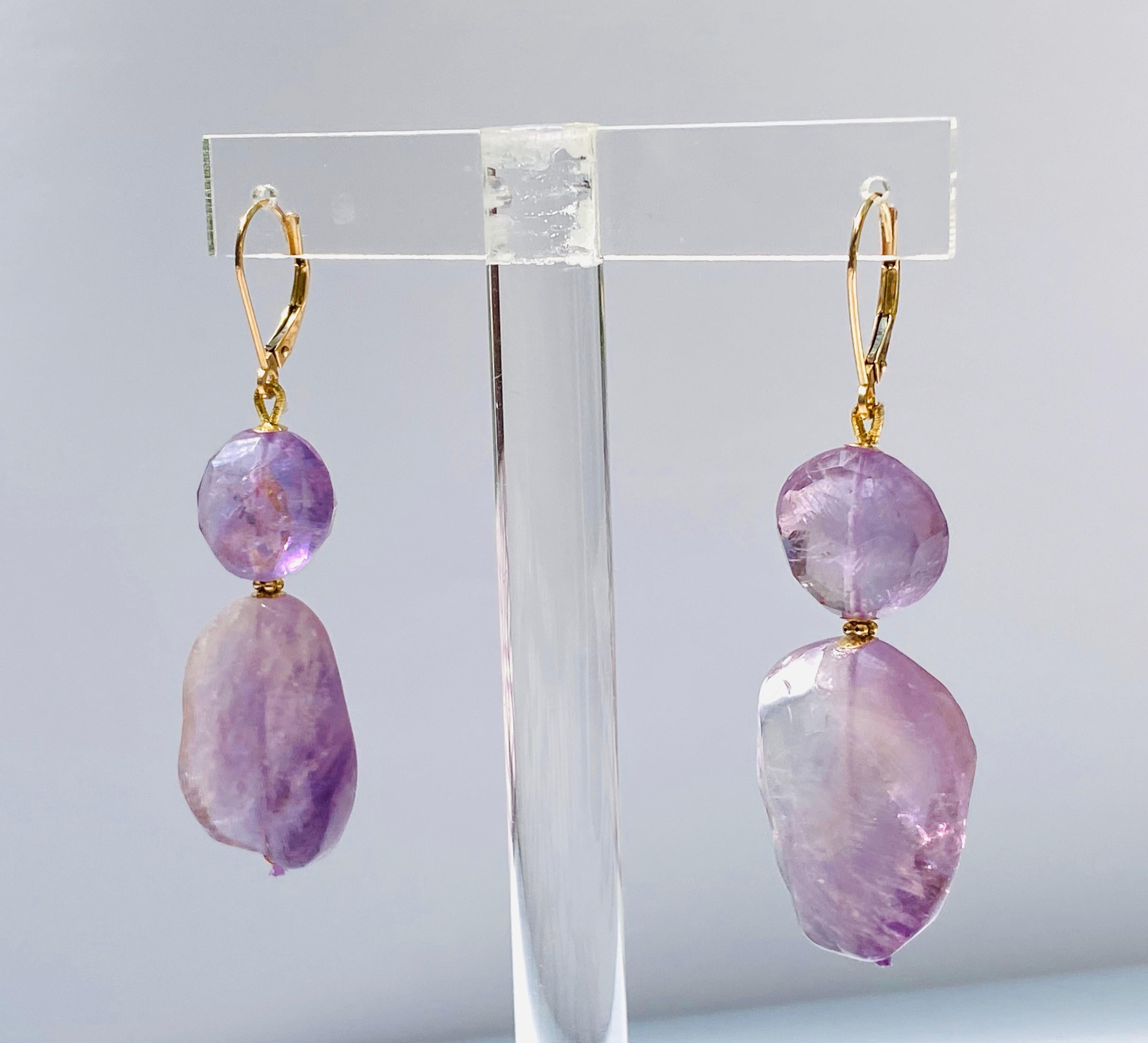 Artist Marina J. Double Amethyst Bead Earrings with 14 Karat Gold Lever-Back and Beads For Sale