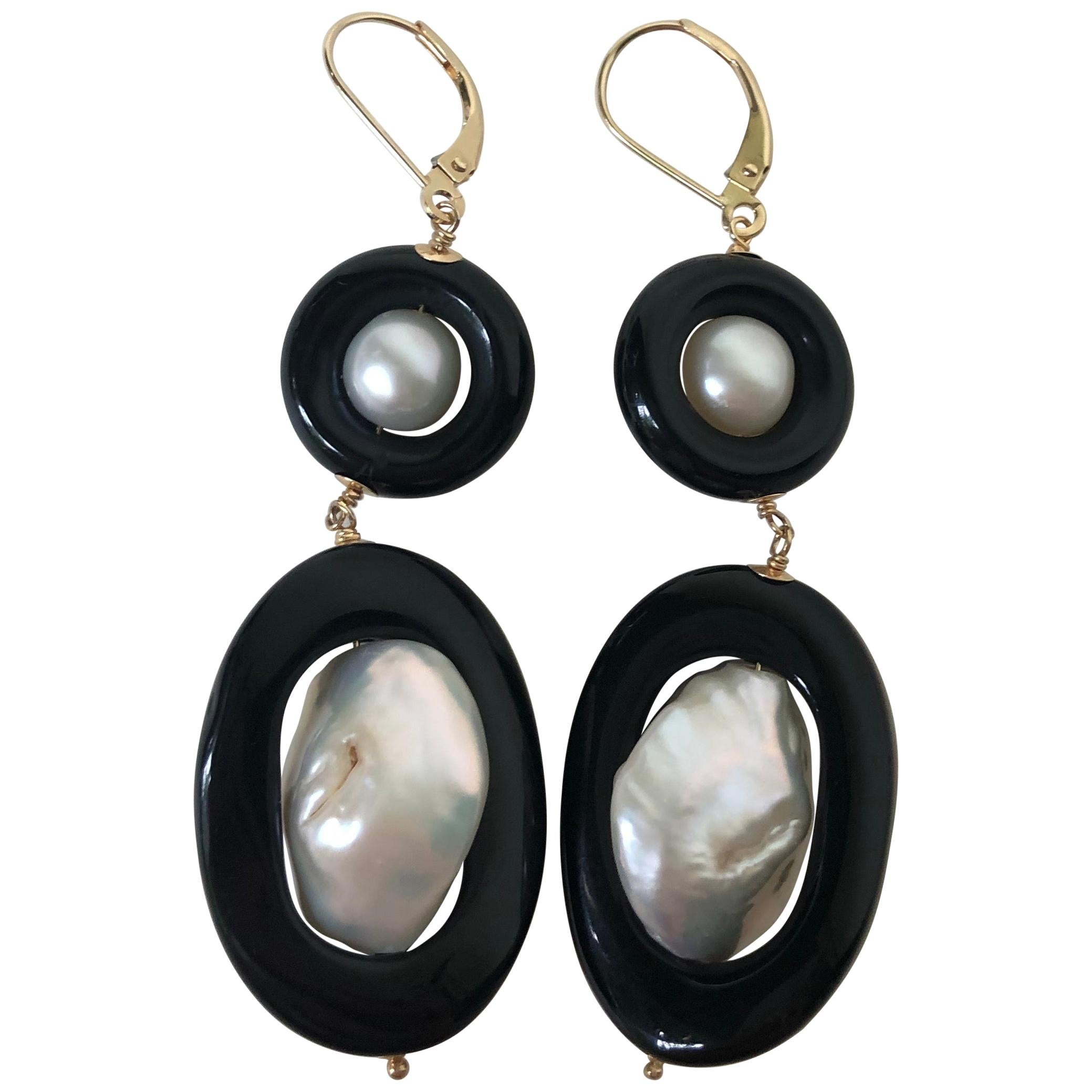 Marina J. Double Onyx and Pearl Earrings with 14 Karat Gold Leverback and Wire