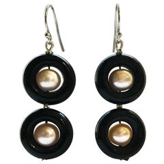 Marina J. Double Onyx and Pearl Earrings with 14 Karat White Gold Hook and Beads