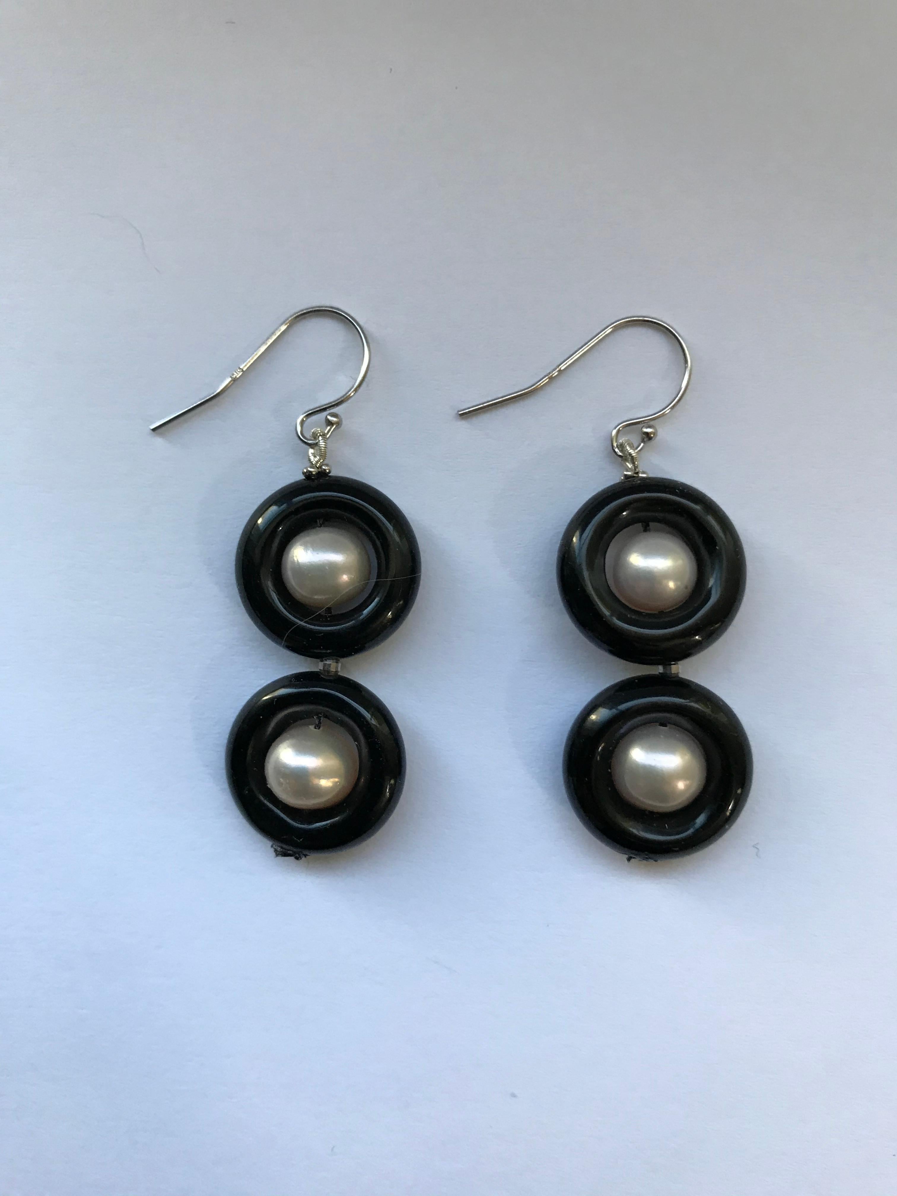 Artist Marina J. Double Onyx and Pearl Earrings with 14 Karat Yellow Gold Lever-Back