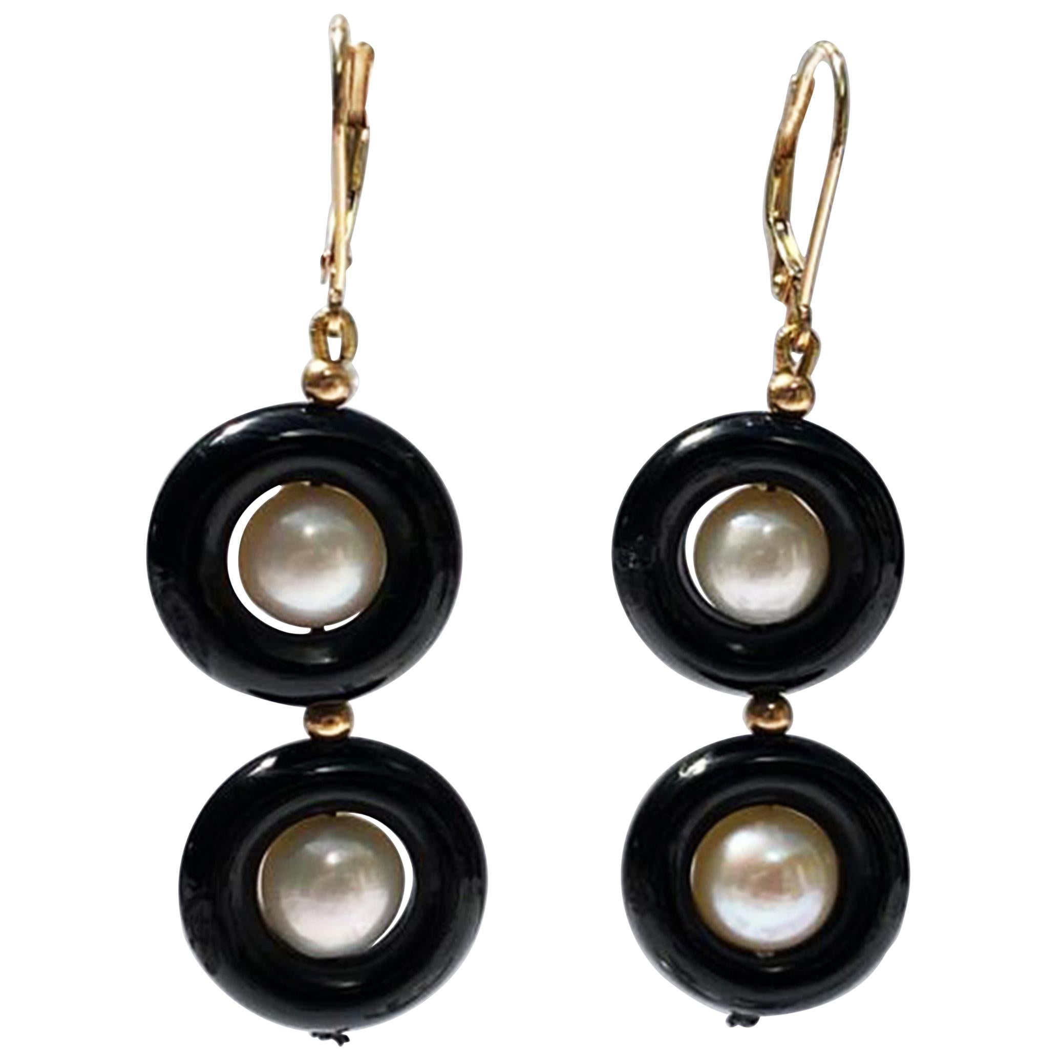 Marina J. Double Onyx and Pearl Earrings with 14 Karat Yellow Gold Lever-Back