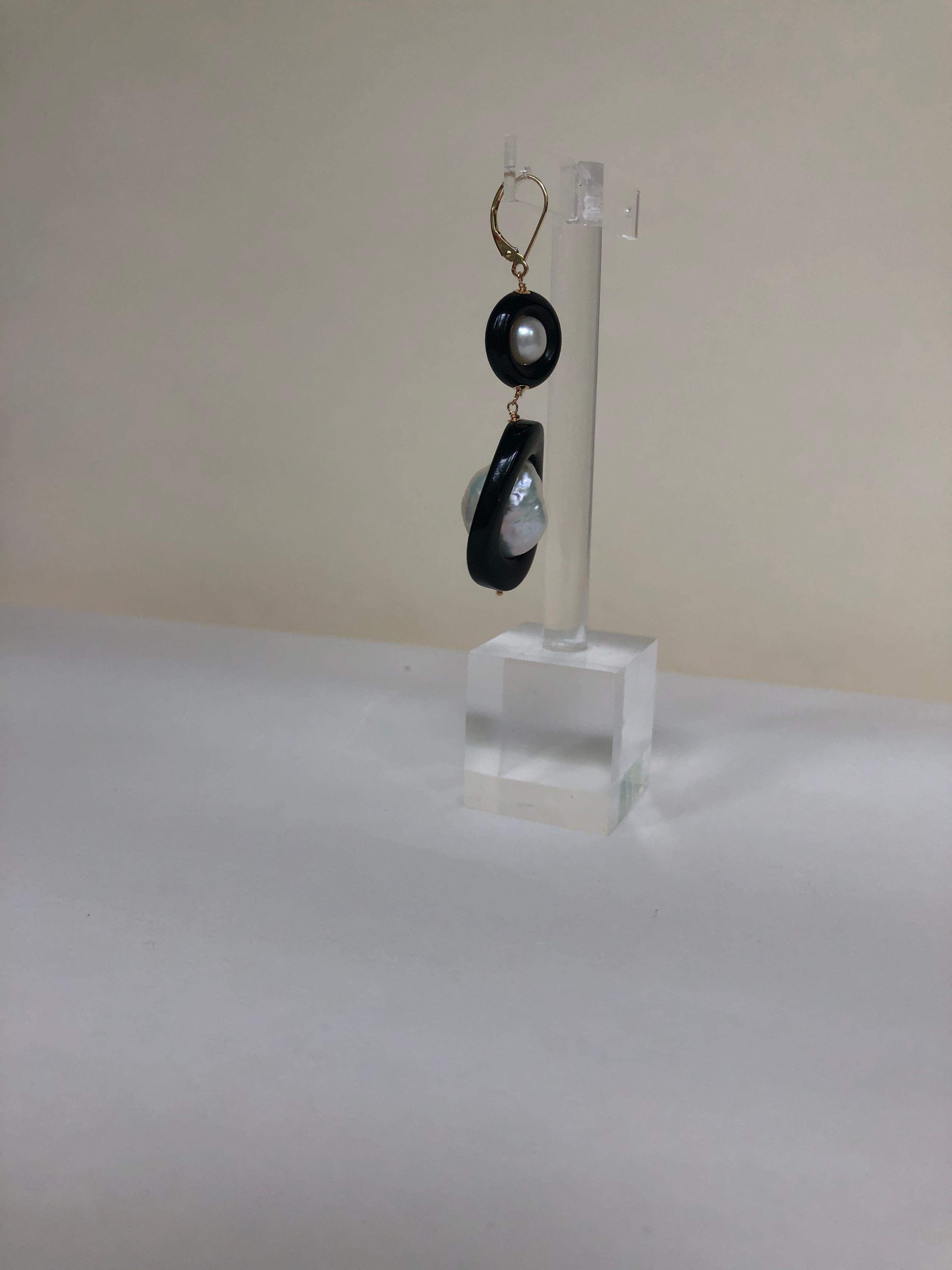 Brilliant Cut Marina J. Double Onyx and Pearl Earrings with 14 Karat Gold Leverback and Wire