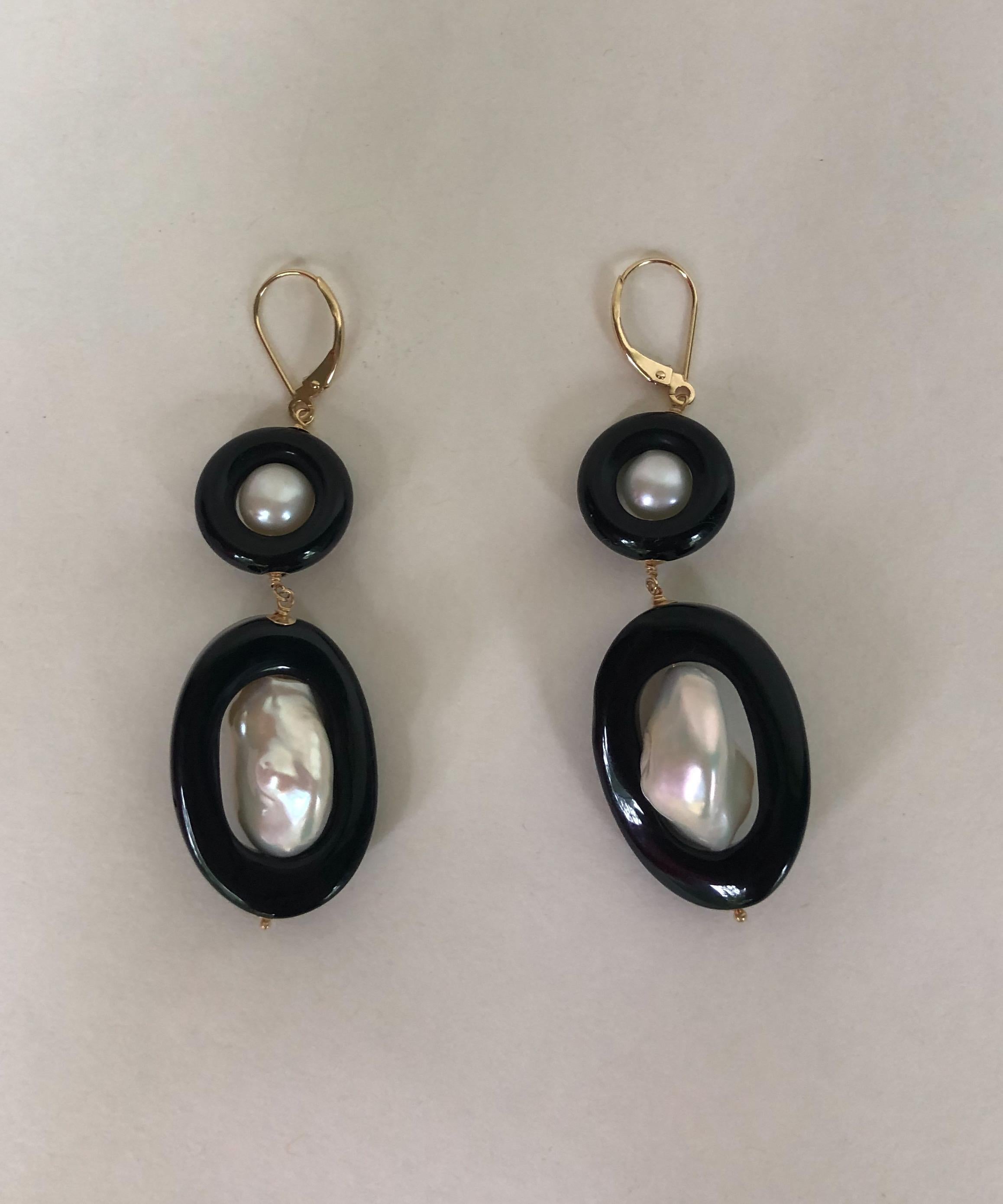 Marina J. Double Onyx and Pearl Earrings with 14 Karat Gold Leverback and Wire In New Condition In Los Angeles, CA