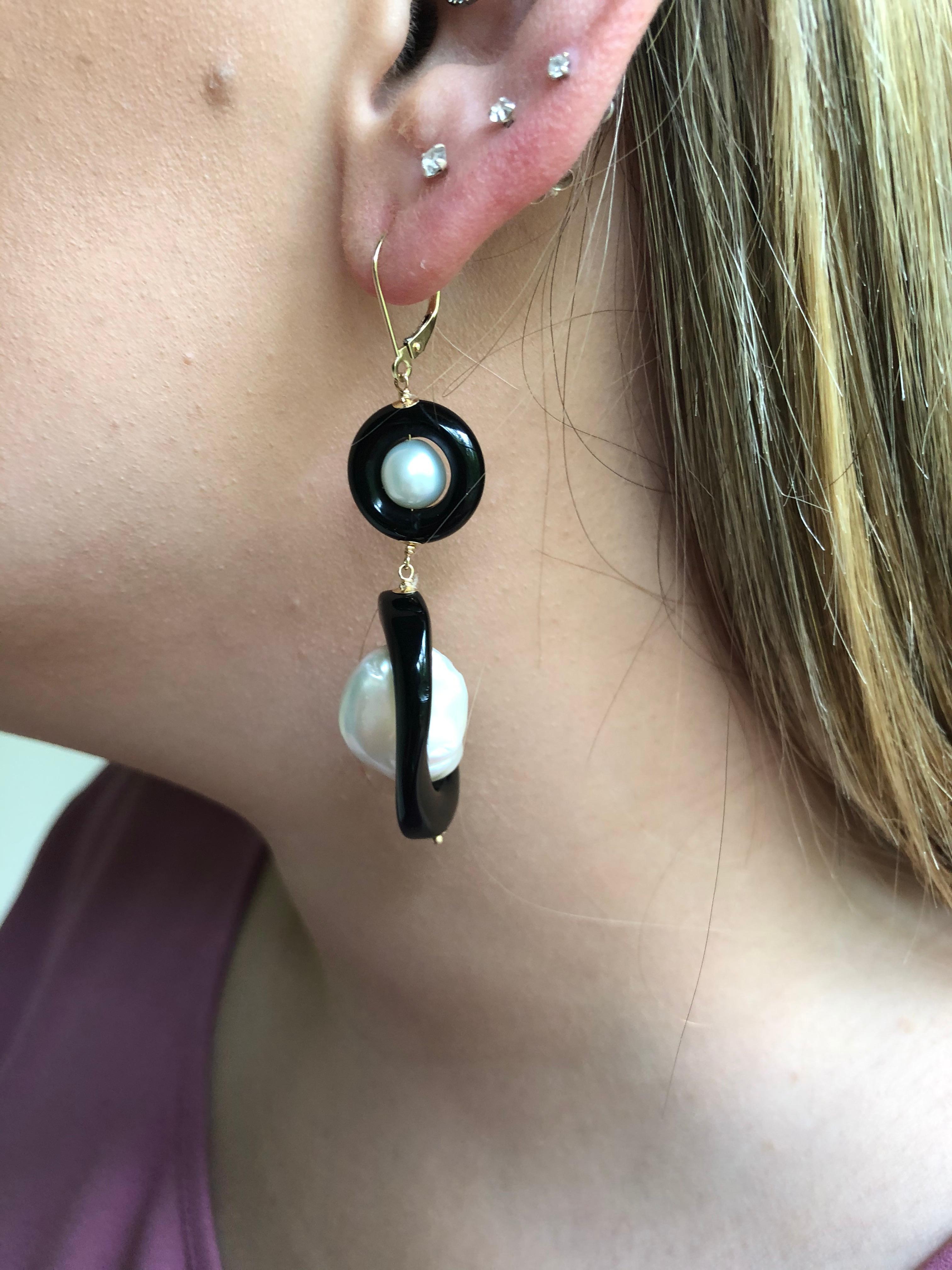 Women's Marina J. Double Onyx and Pearl Earrings with 14 Karat Gold Leverback and Wire