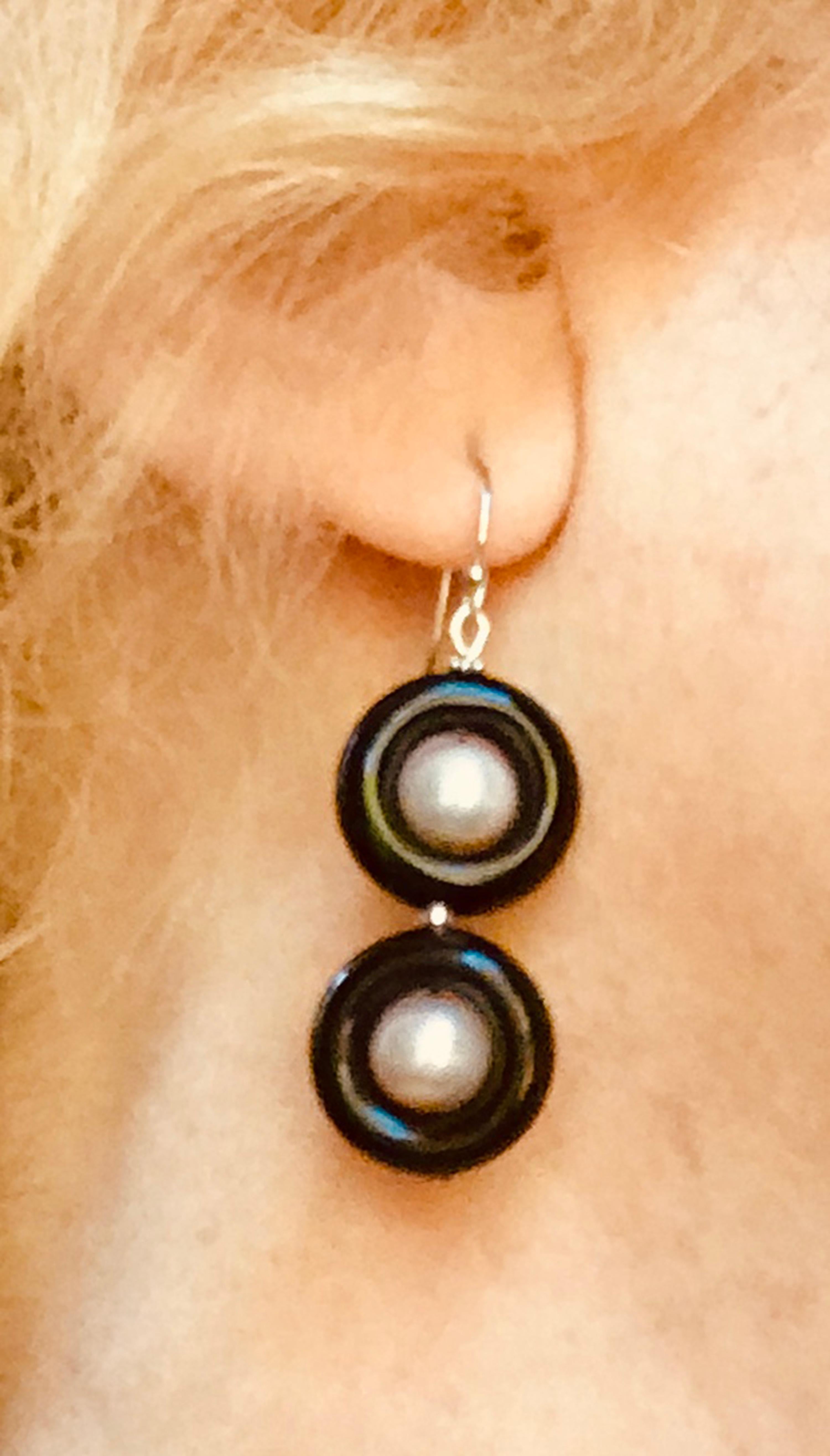 Artist Marina J. Double Onyx and Pearl Earrings with 14 Karat White Gold Hook and Beads For Sale