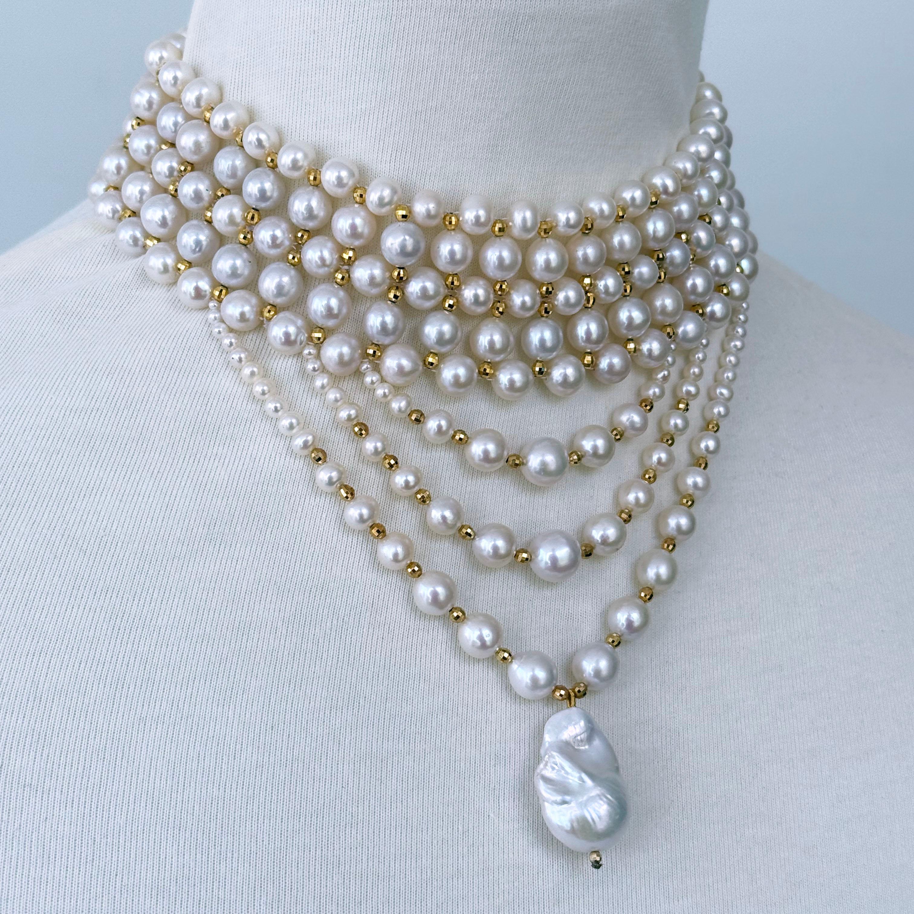 Marina J. Draped Pearl Choker with Faceted Gold Plated Beads & Clasp In New Condition For Sale In Los Angeles, CA