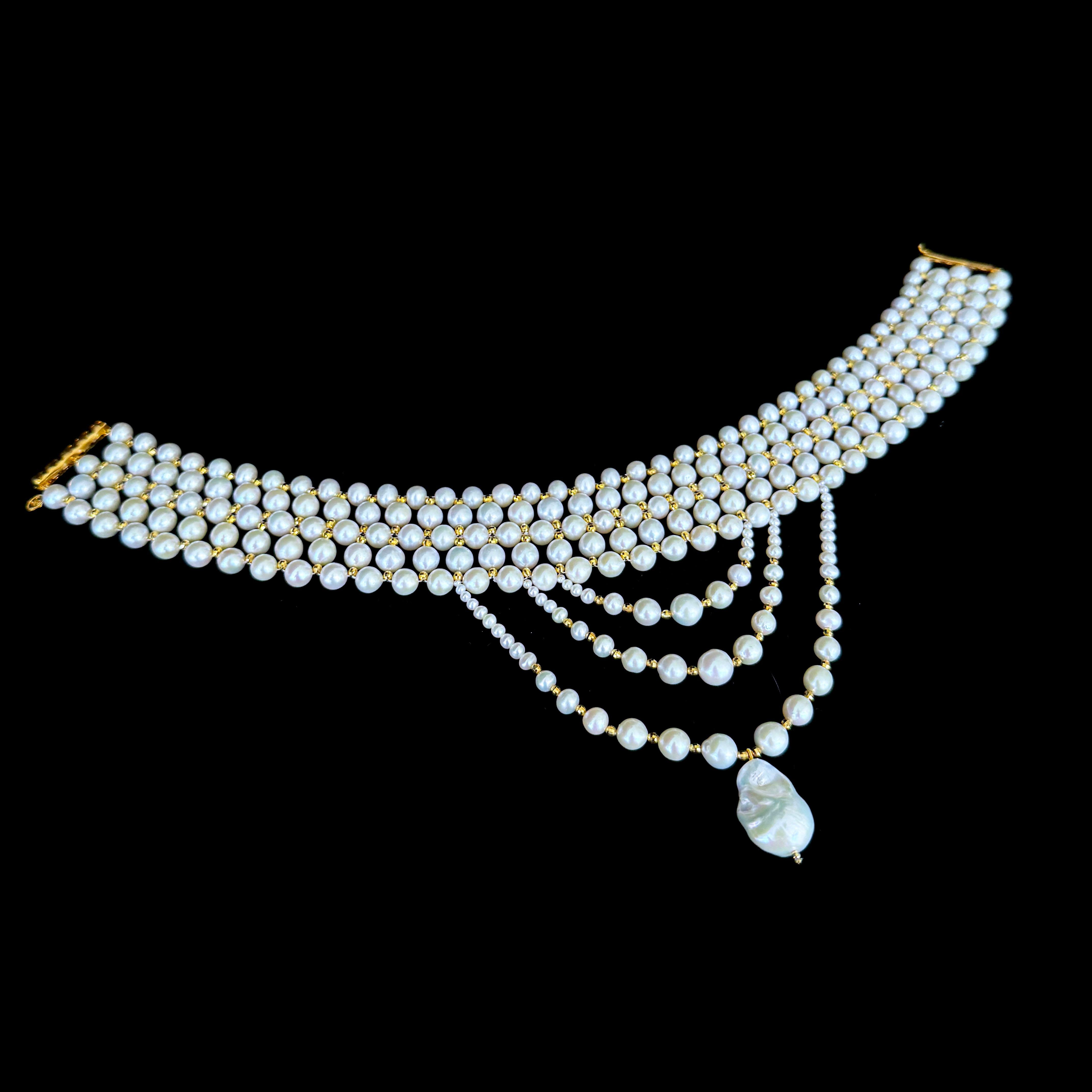 Women's Marina J. Draped Pearl Choker with Faceted Gold Plated Beads & Clasp For Sale