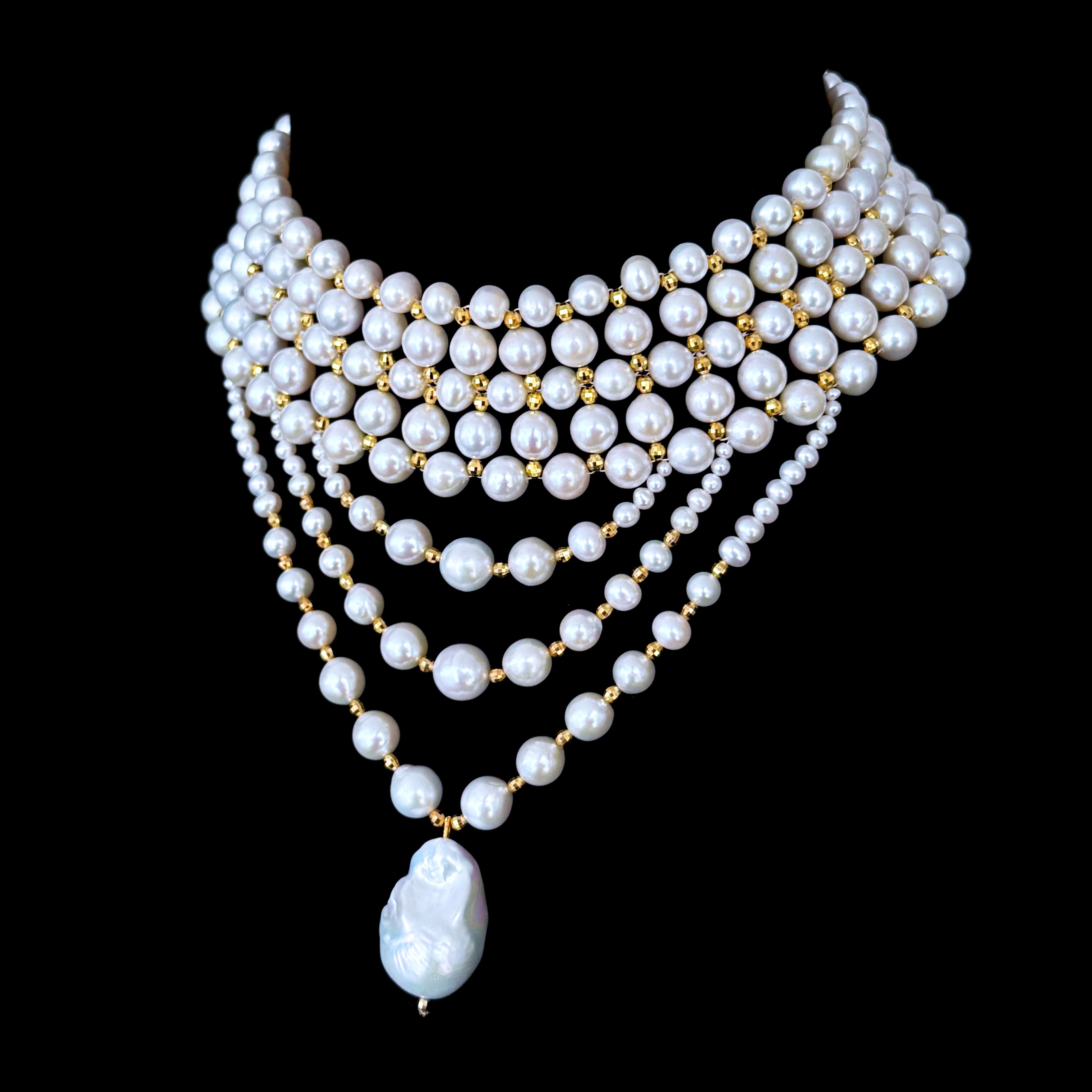 Marina J. Draped Pearl Choker with Faceted Gold Plated Beads & Clasp For Sale 2