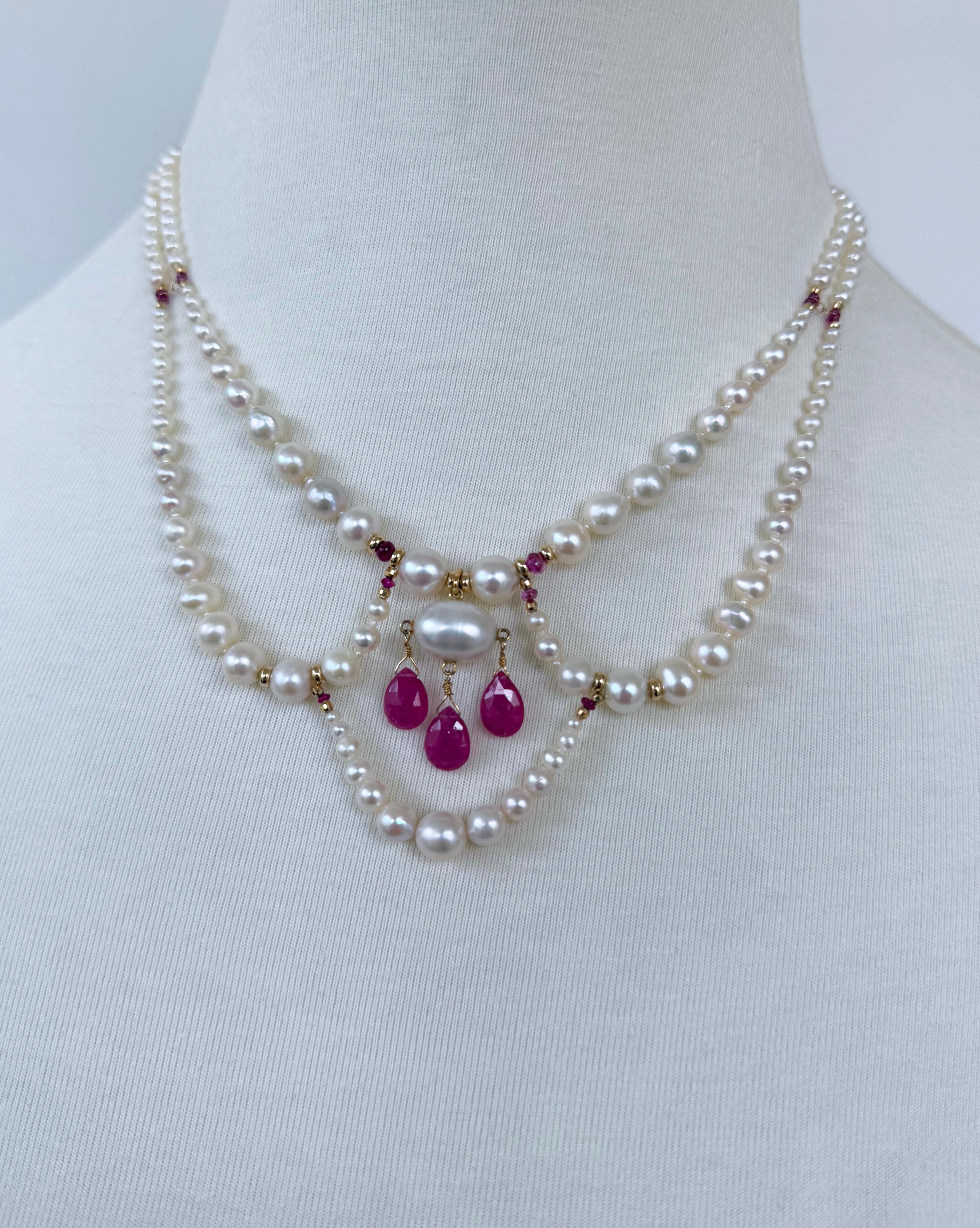 Romantic Marina J. Draped Pearl Princess Necklace with Pink Sapphire & Solid 14k Gold For Sale