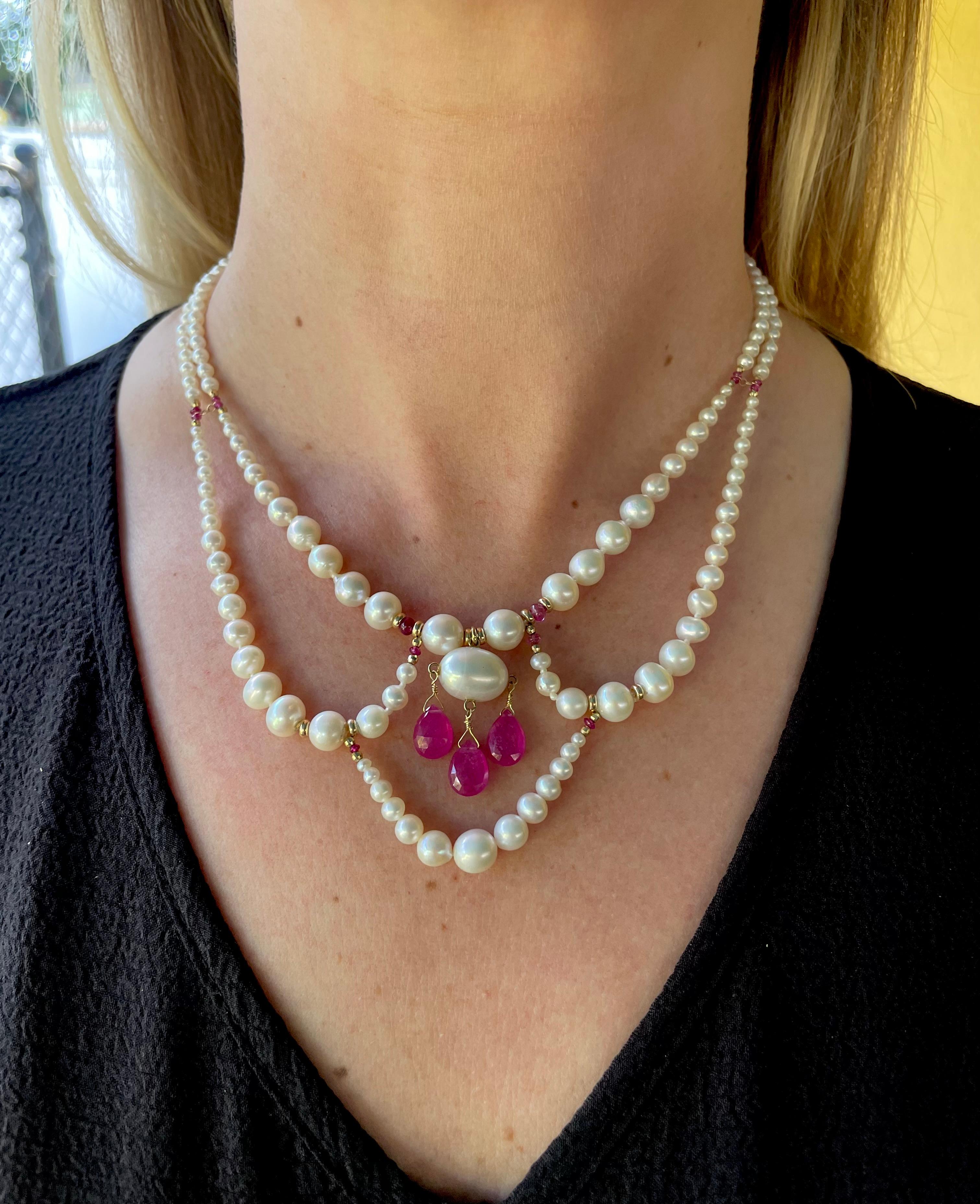 Briolette Cut Marina J. Draped Pearl Princess Necklace with Pink Sapphire & Solid 14k Gold For Sale