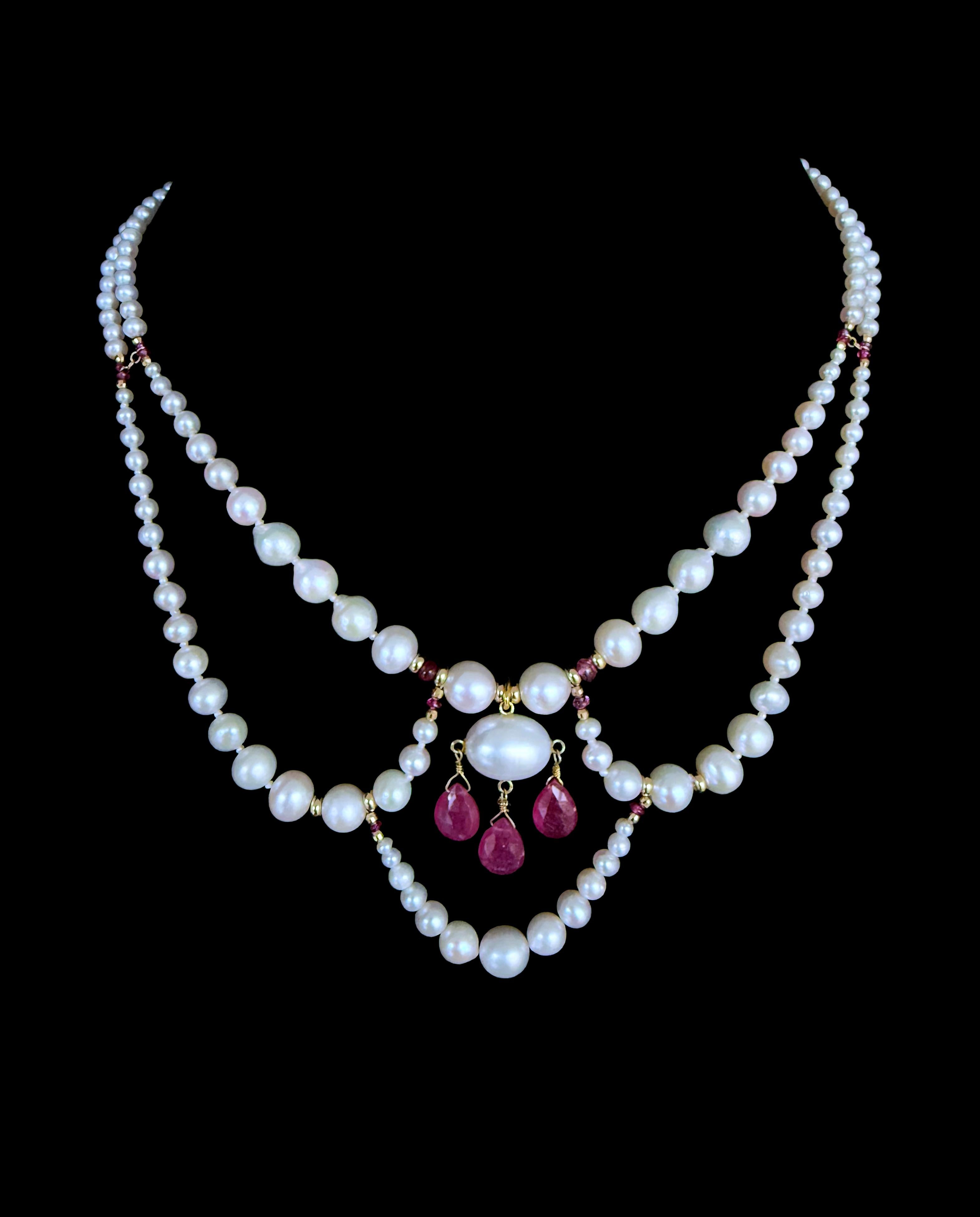 Marina J. Draped Pearl Princess Necklace with Pink Sapphire & Solid 14k Gold For Sale 2