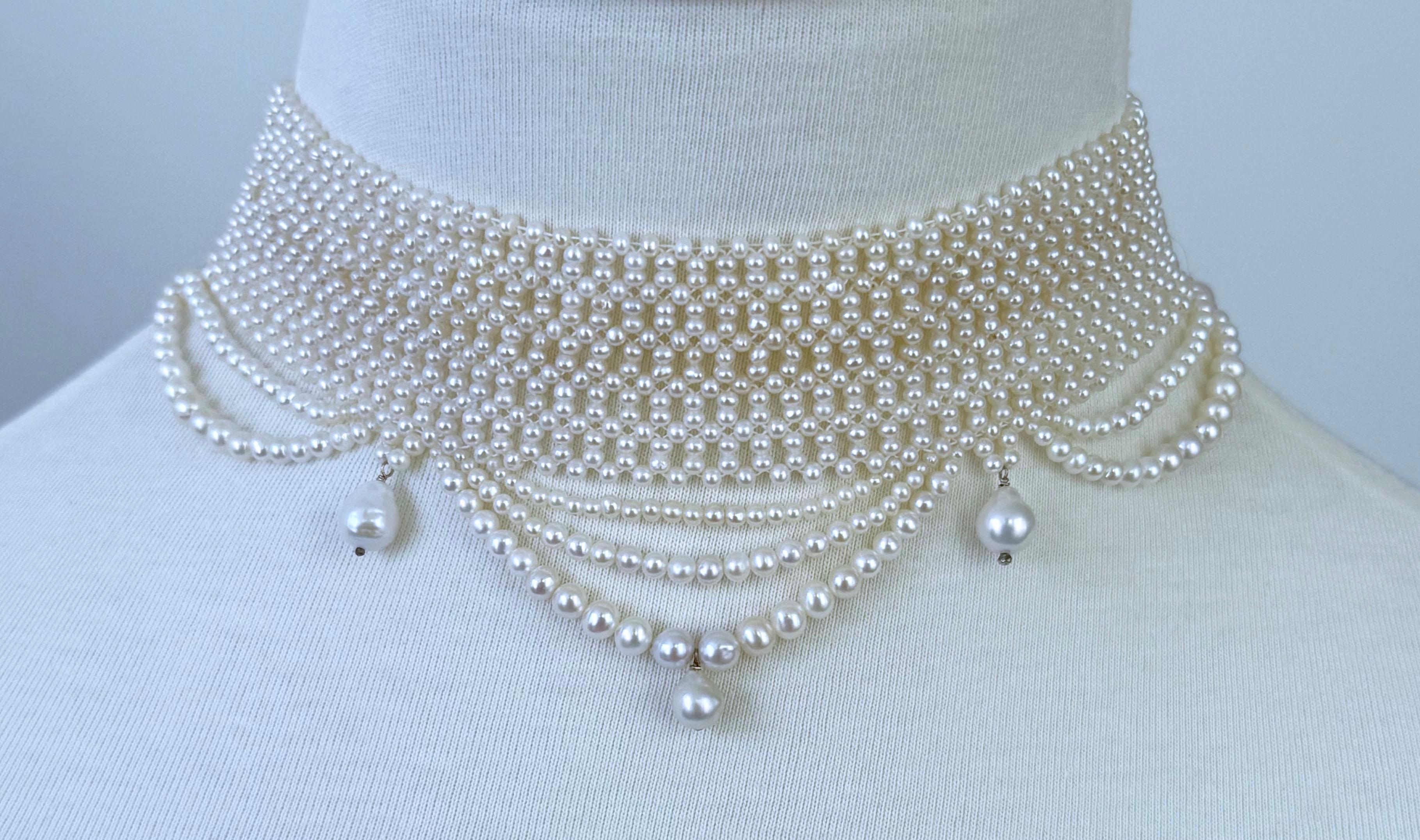 This beautiful handwoven pearl choker has pearls from 2.5mm to 3mm. The necklace is intricately handwoven to create a “lace like” design. The Choker is tapered in design to fit along the curve of the neckline. The clasp is made of rhodium plated