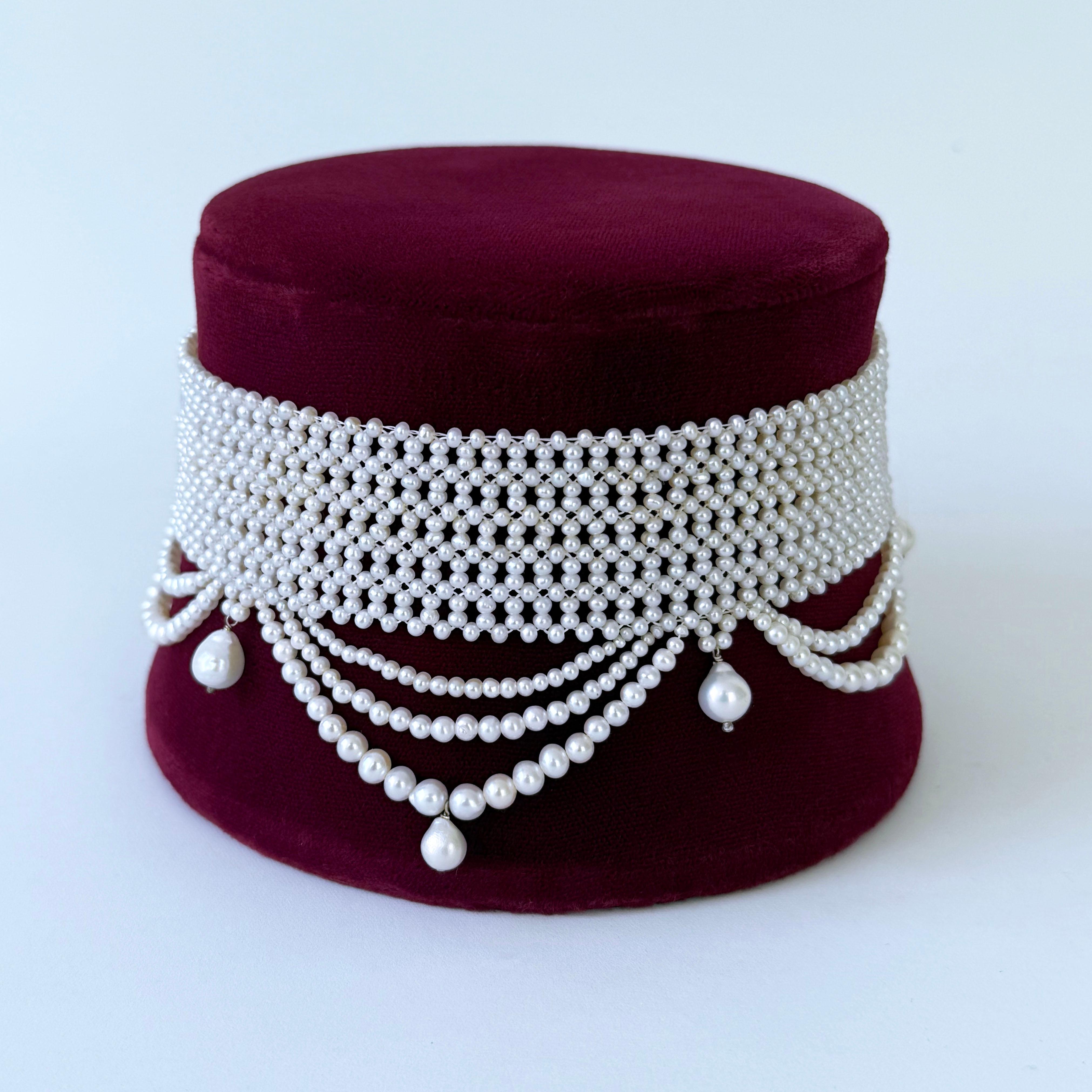 High Victorian Marina J. Draped Seed Pearl Woven Choker with Sliding Clasp For Sale