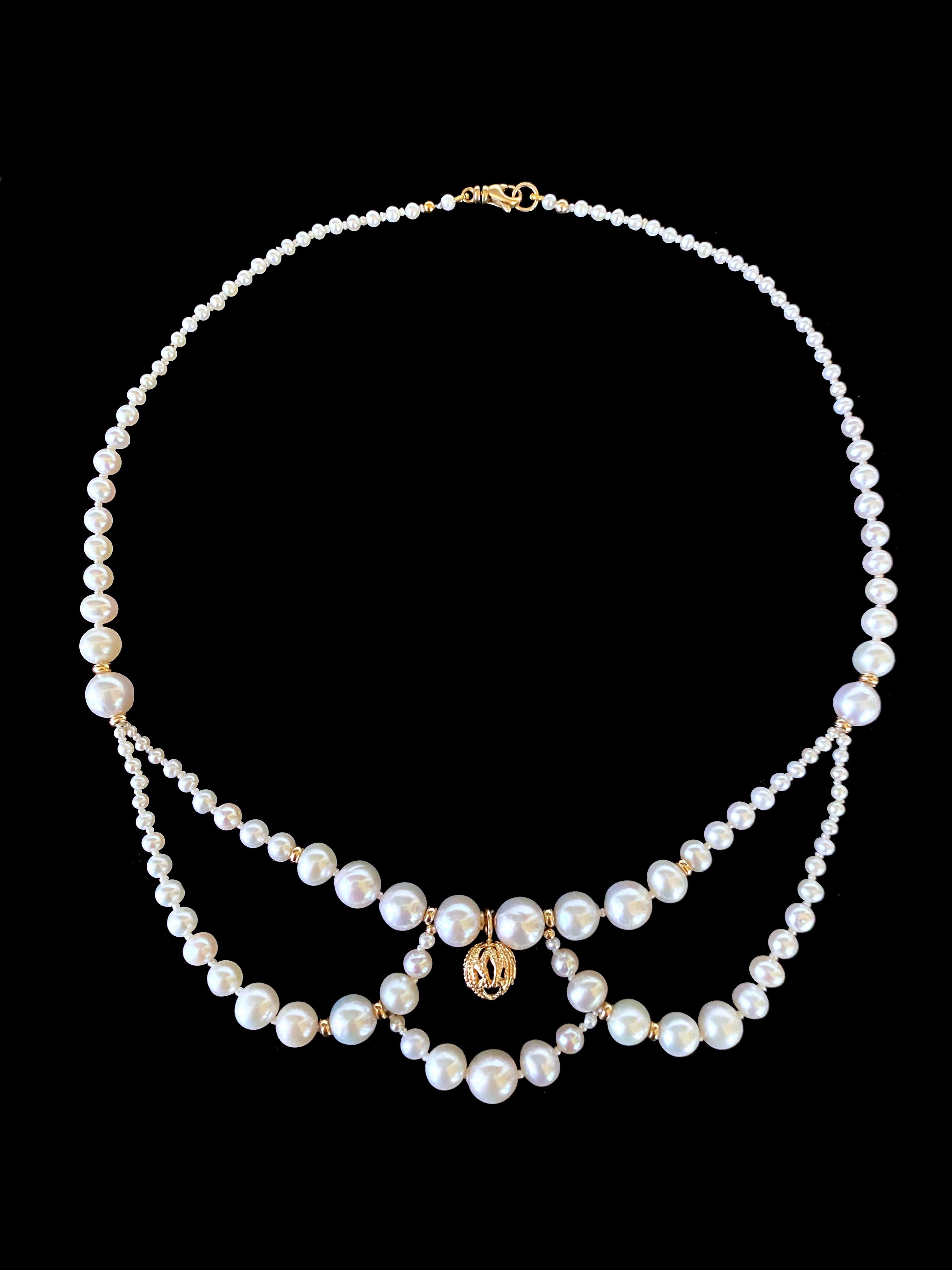 Hand woven piece by Marina J. This Victorian inspired Necklace is made of all cultured Pearls and solid 14k Yellow Gold beads. The Pearls display a seamless graduation in size leading to the solid 14k Yellow Gold Filigree Centerpiece. Each Pearl in