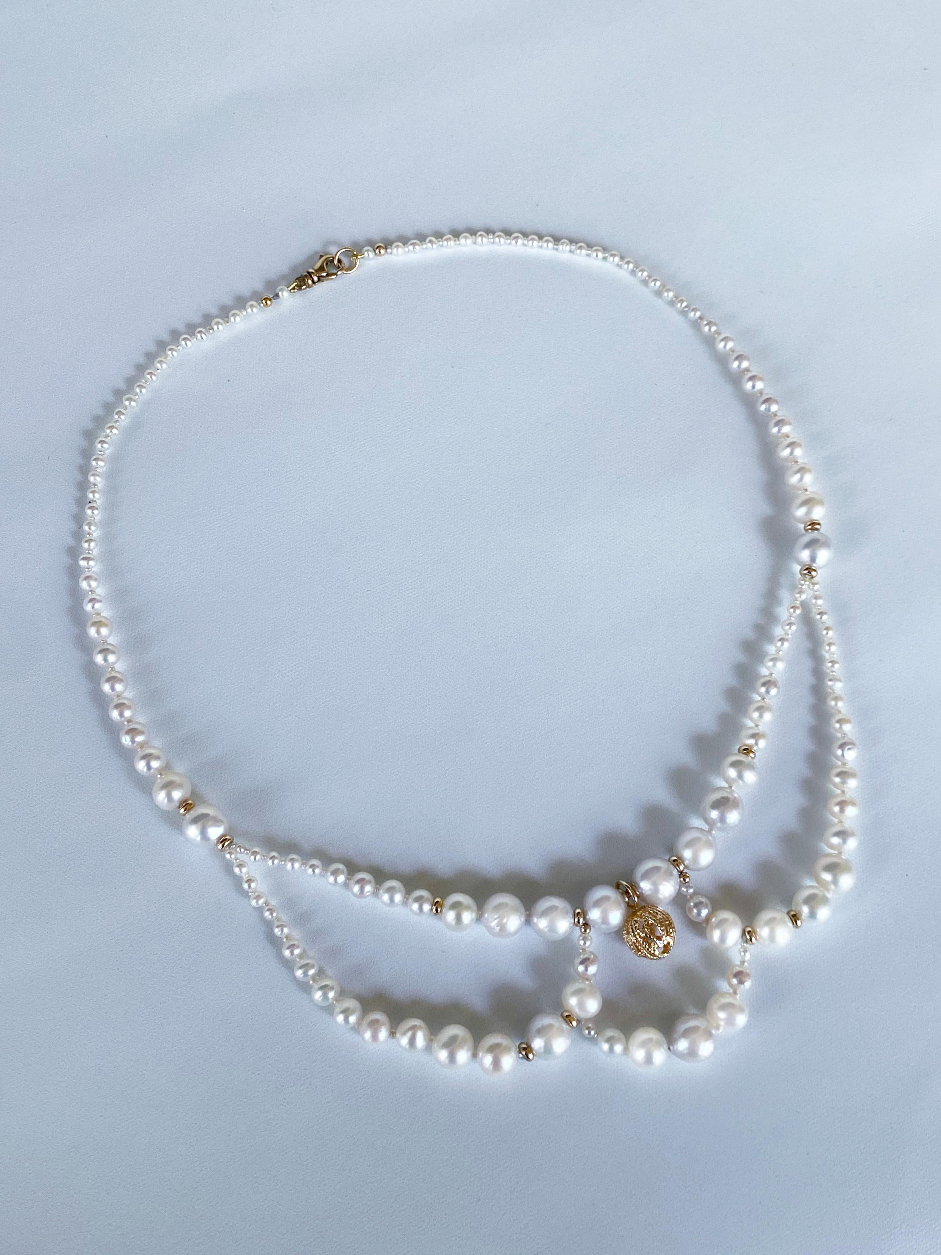 Artisan Marina J. Draped Victorian Inspired Pearl & Solid 14k Yellow Gold Necklace For Sale
