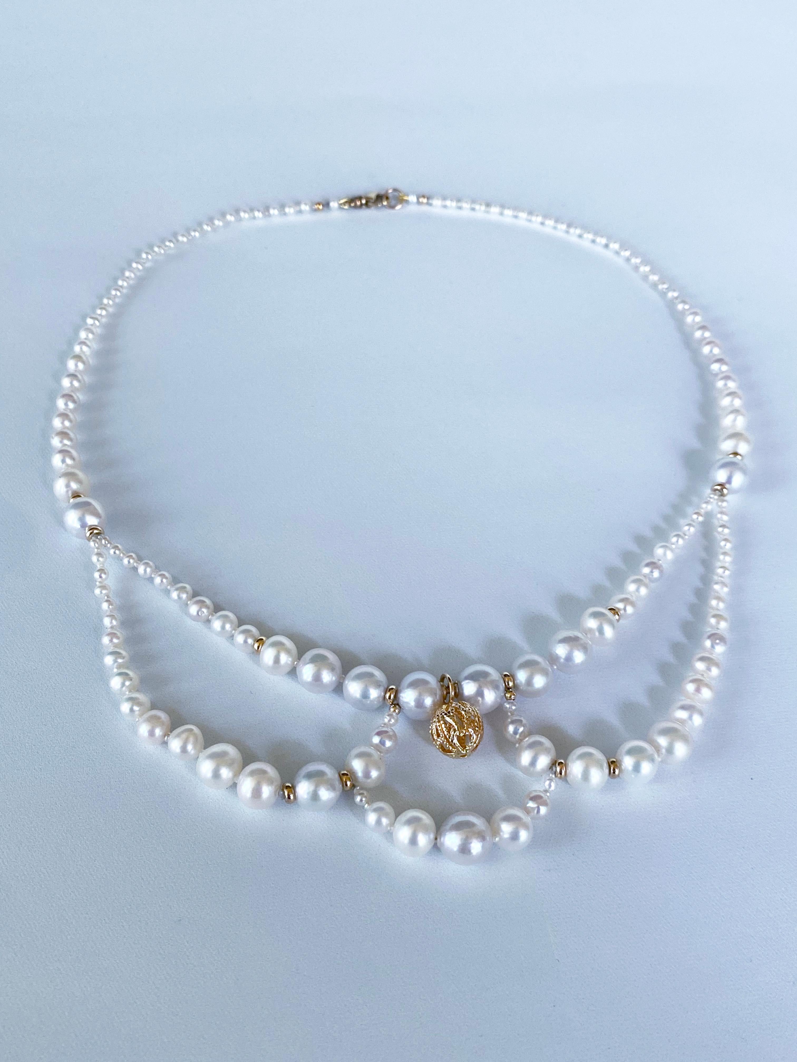 Bead Marina J. Draped Victorian Inspired Pearl & Solid 14k Yellow Gold Necklace For Sale