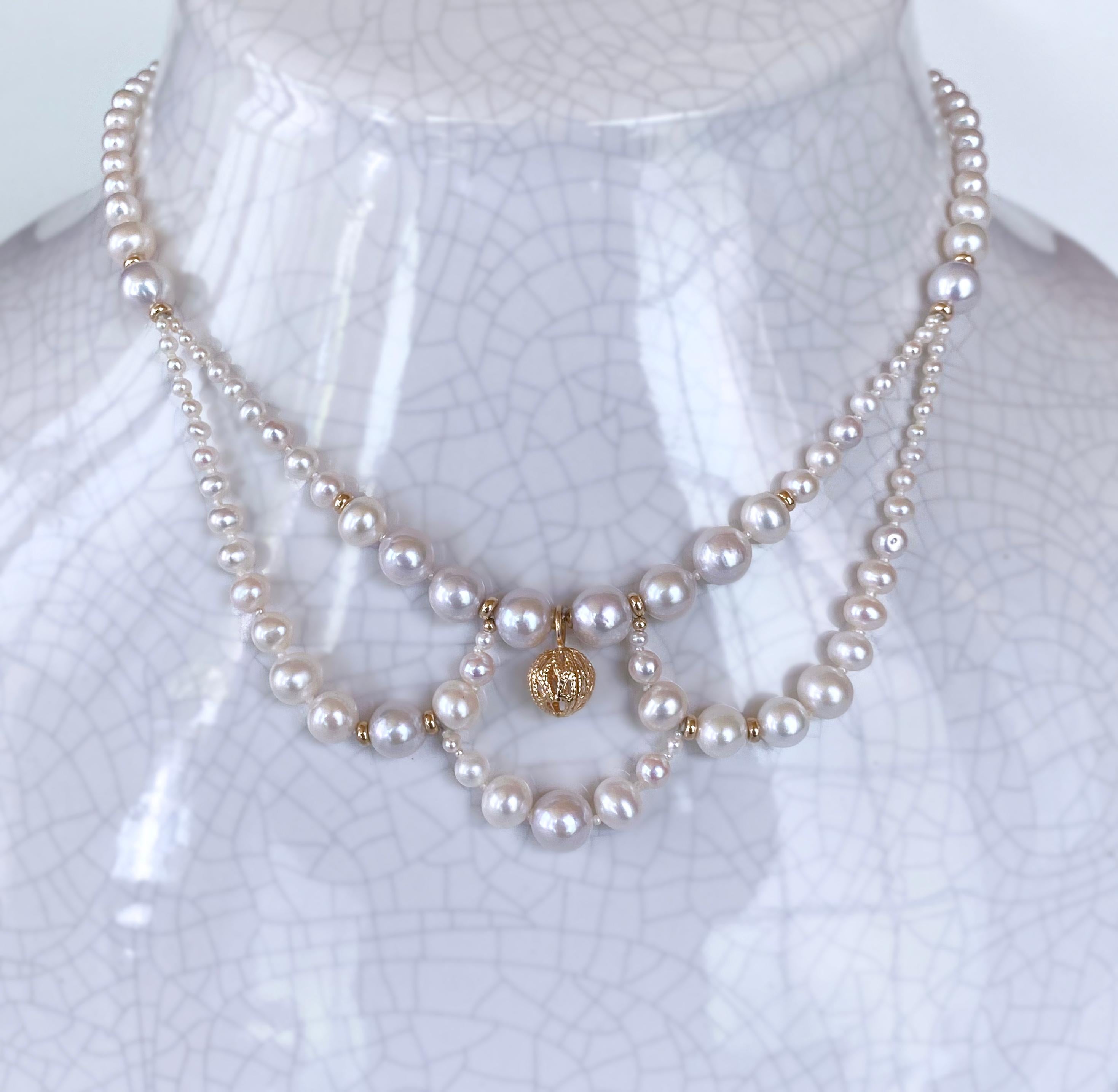 Marina J. Draped Victorian Inspired Pearl & Solid 14k Yellow Gold Necklace In New Condition For Sale In Los Angeles, CA