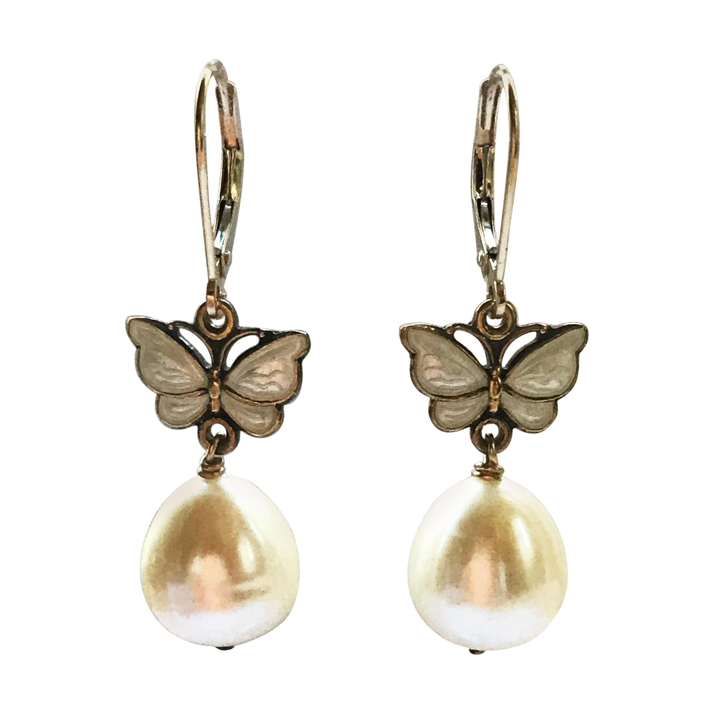 Marina J Drop Pearl, Vintage White Enamel Butterfly and 14 Karat Gold Earrings