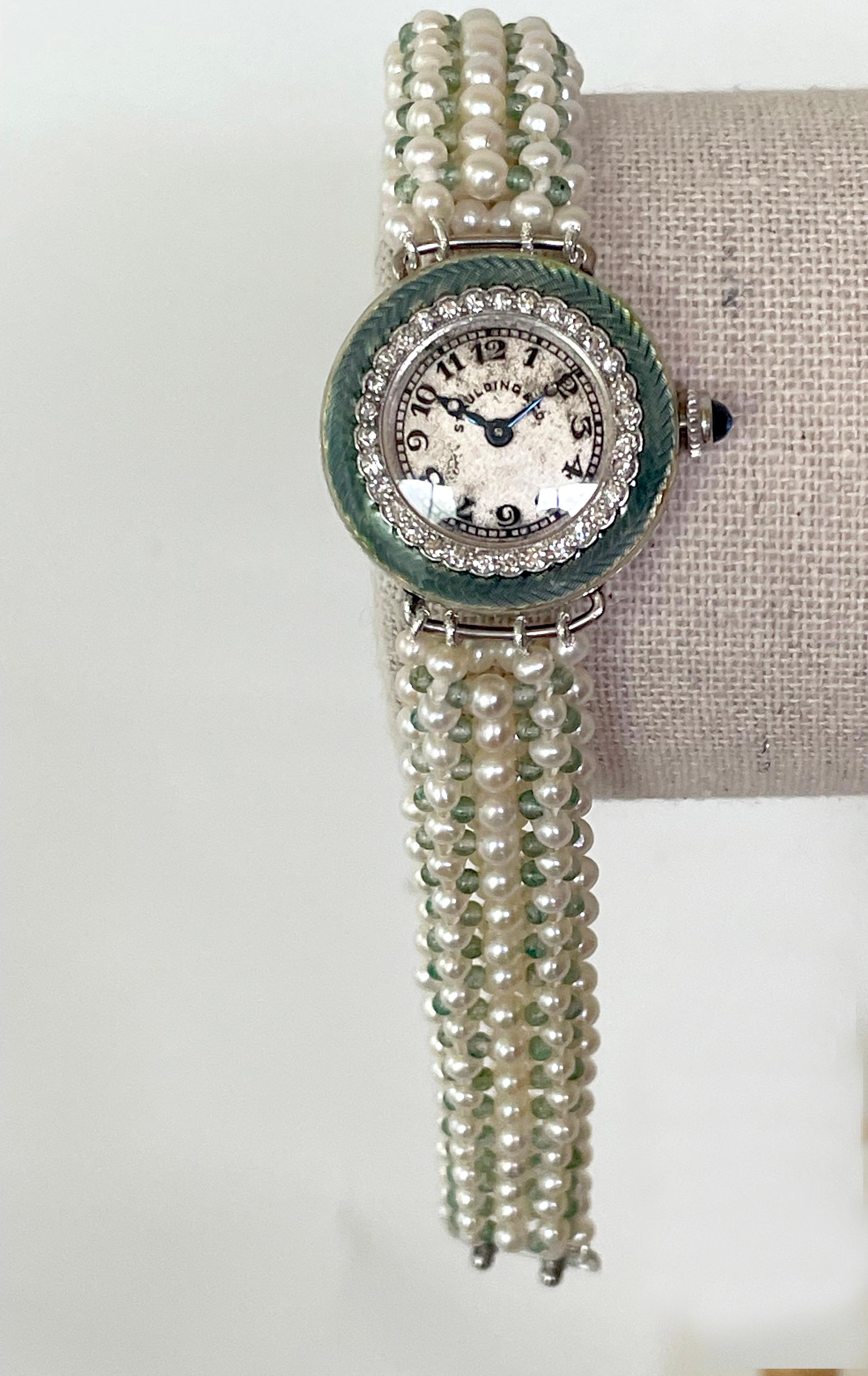 Marina J Edwardian Diamond, Enamel, Platinum, Gold Watch & Woven Pearl Bracelet For Sale 7