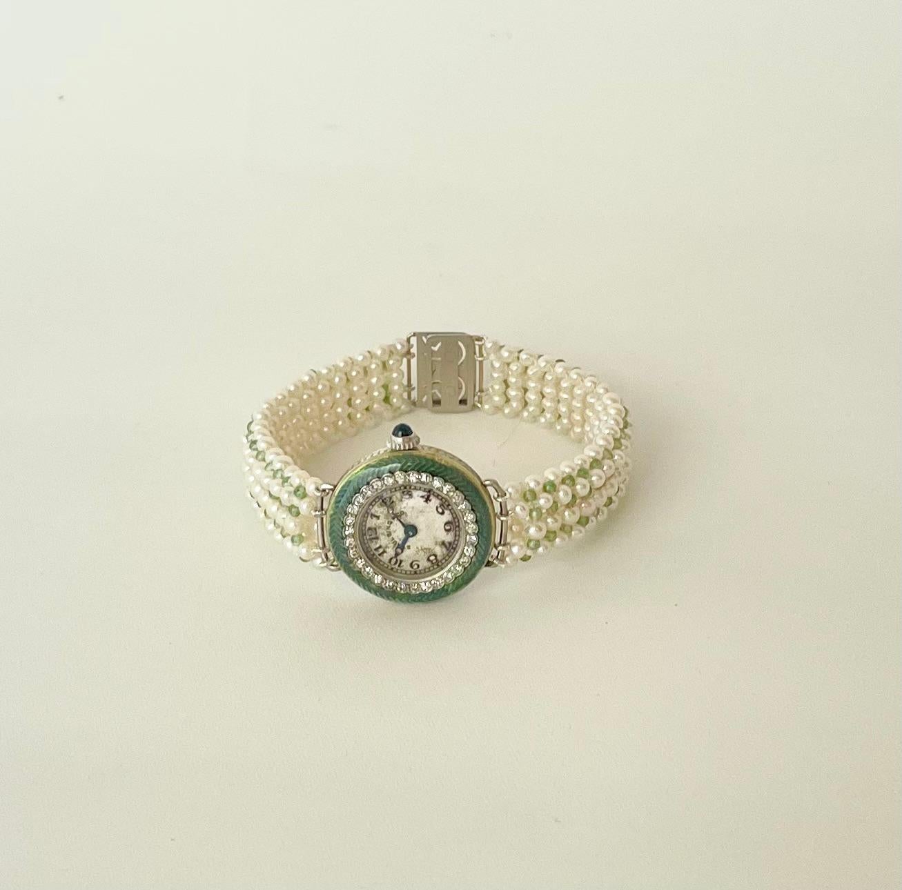Marina J Edwardian Diamond, Enamel, Platinum, Gold Watch & Woven Pearl Bracelet For Sale 9