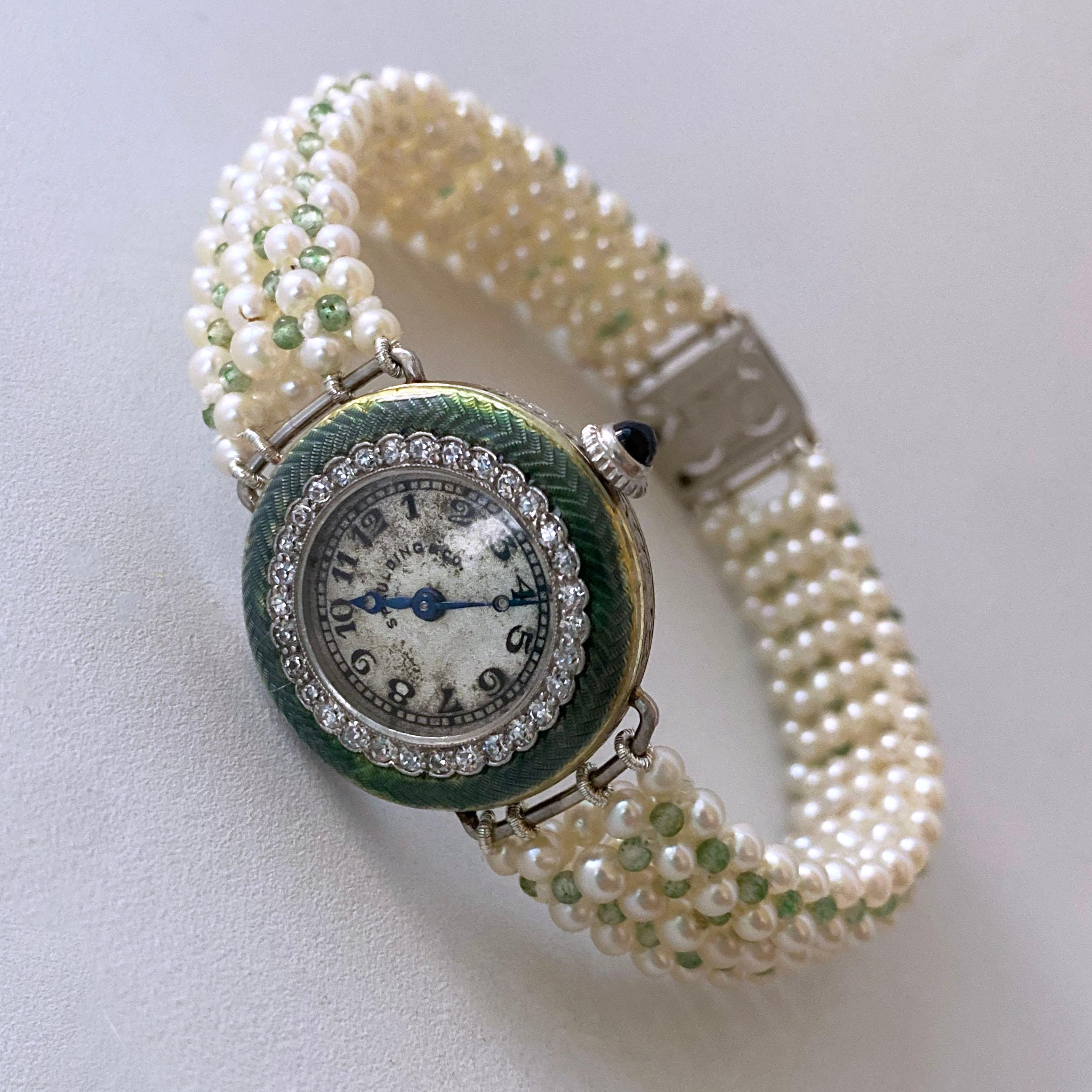 Marina J Edwardian Diamond, Enamel, Platinum, Gold Watch & Woven Pearl Bracelet For Sale 11