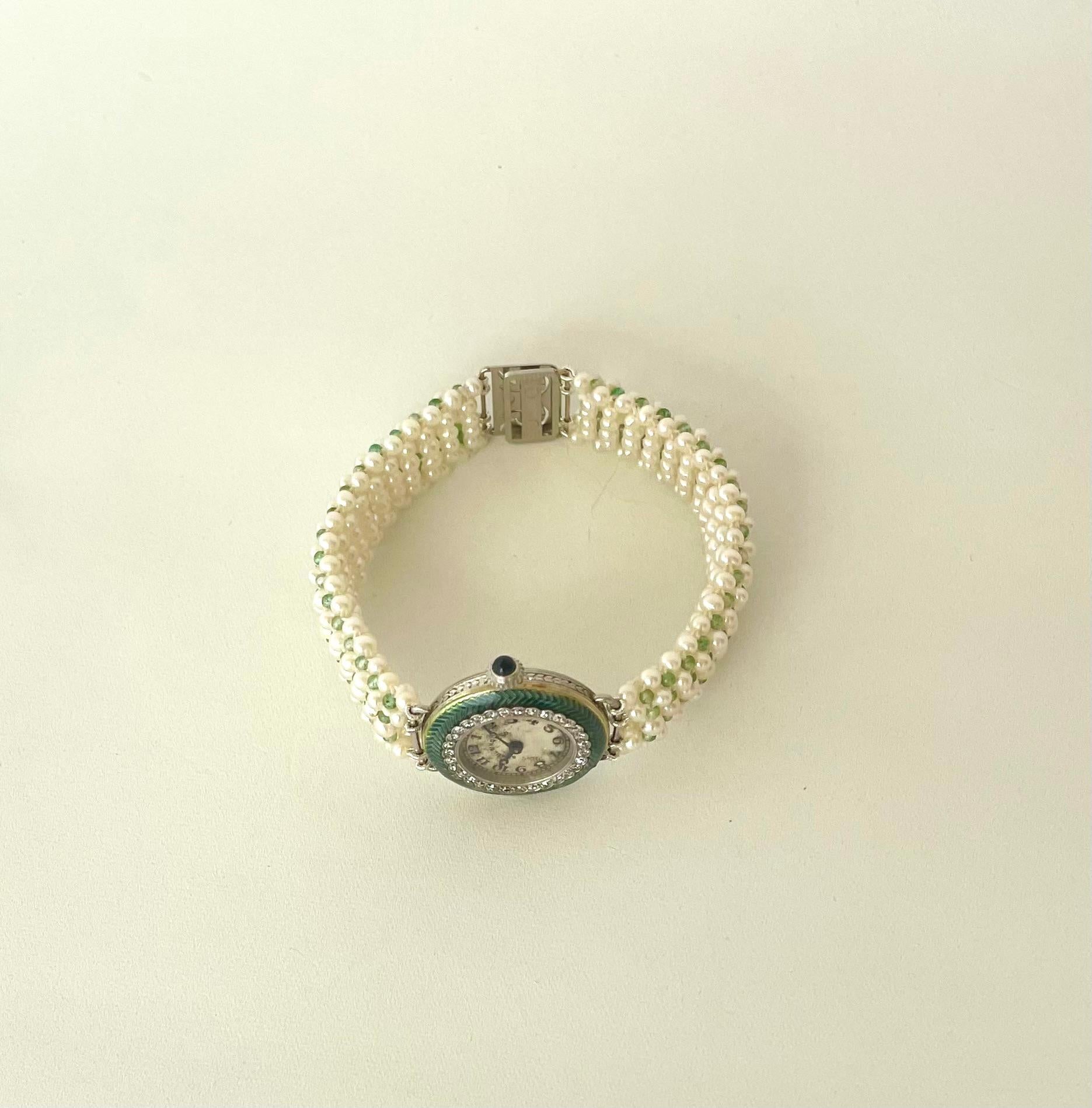 Marina J Edwardian Diamond, Enamel, Platinum, Gold Watch & Woven Pearl Bracelet In Excellent Condition For Sale In Los Angeles, CA