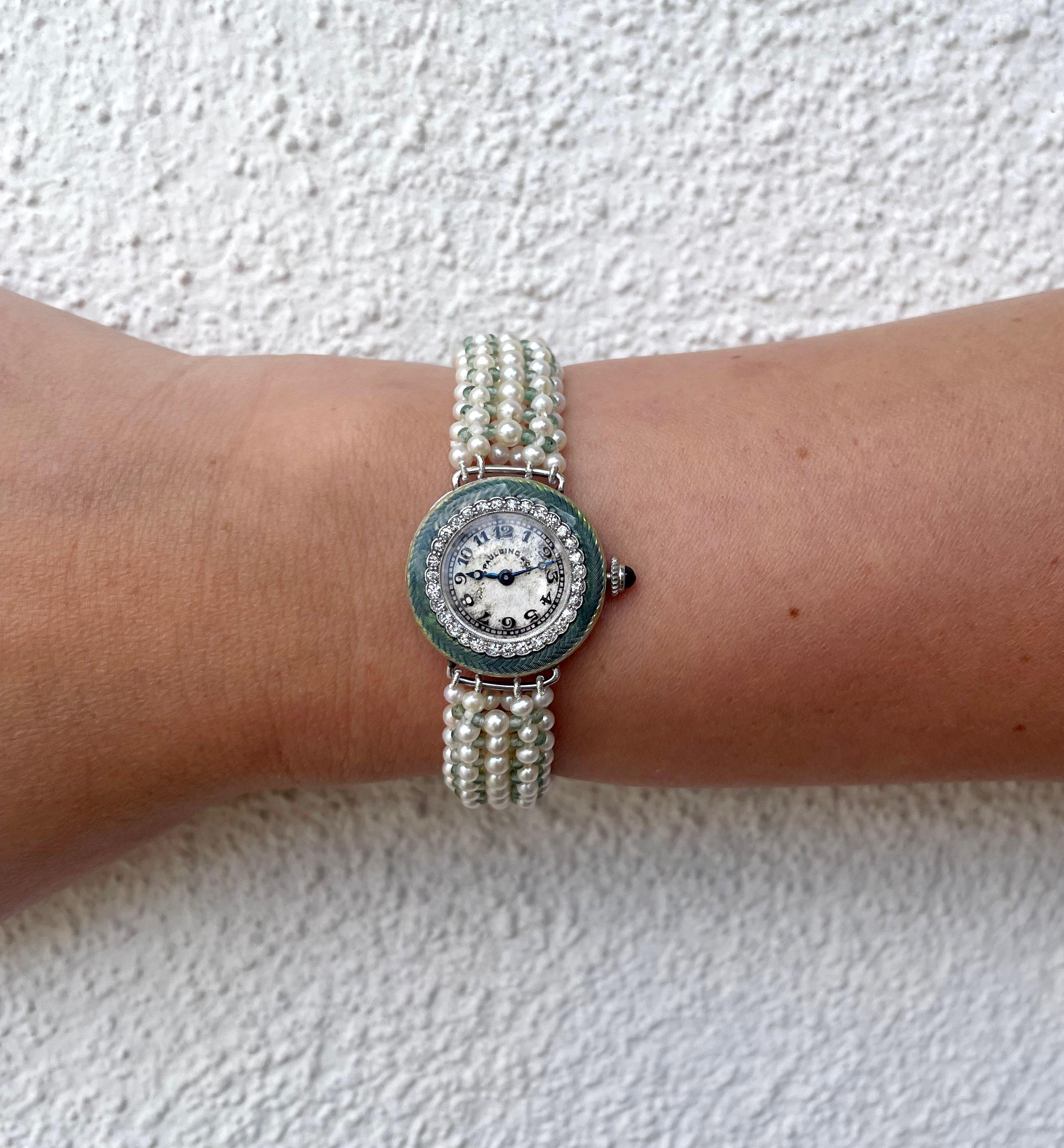 Marina J, bracelet édouardien en diamants, émail, platine, or et perles tissées en vente 3