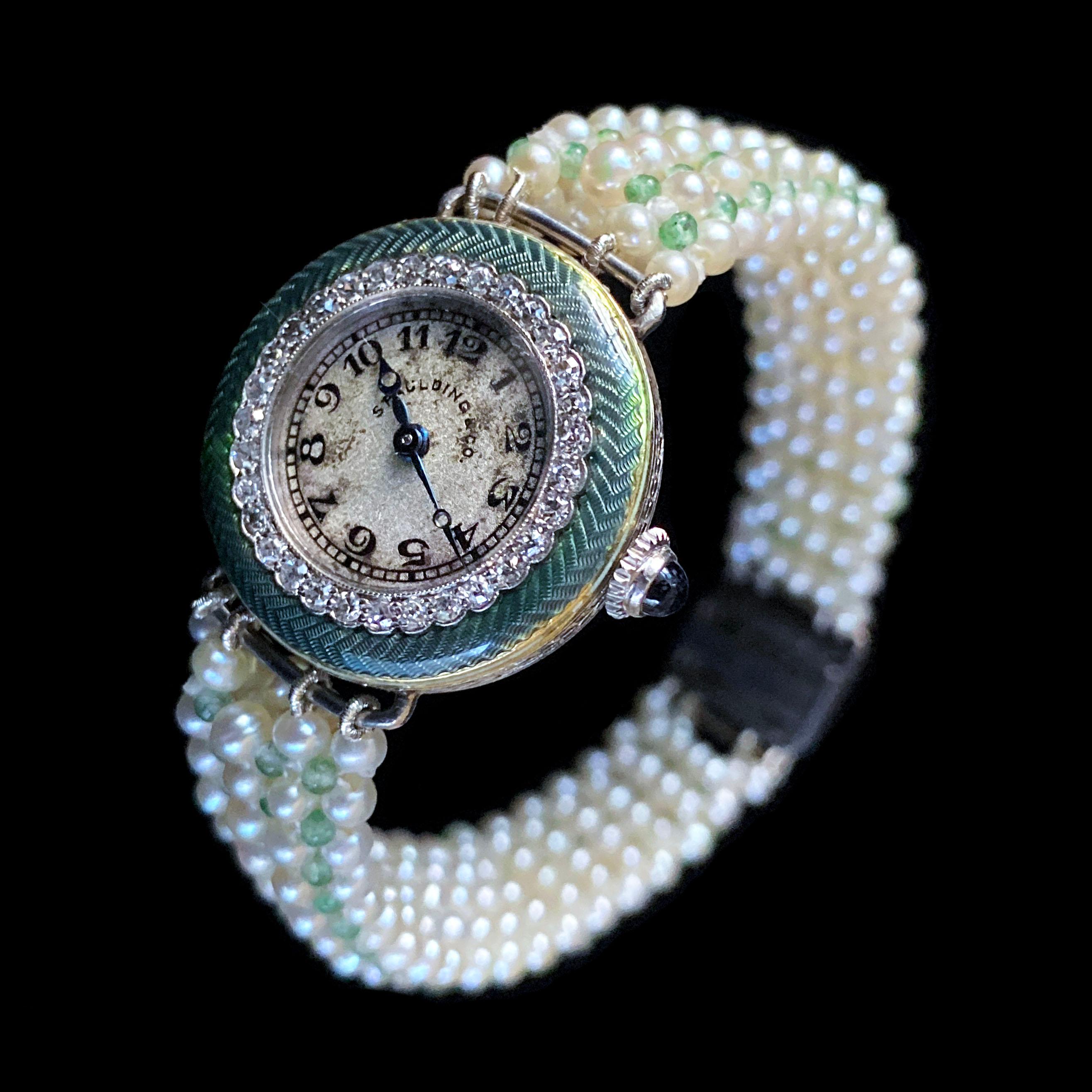 Cushion Cut Marina J Edwardian Diamond, Enamel, Platinum, Gold Watch & Woven Pearl Bracelet For Sale