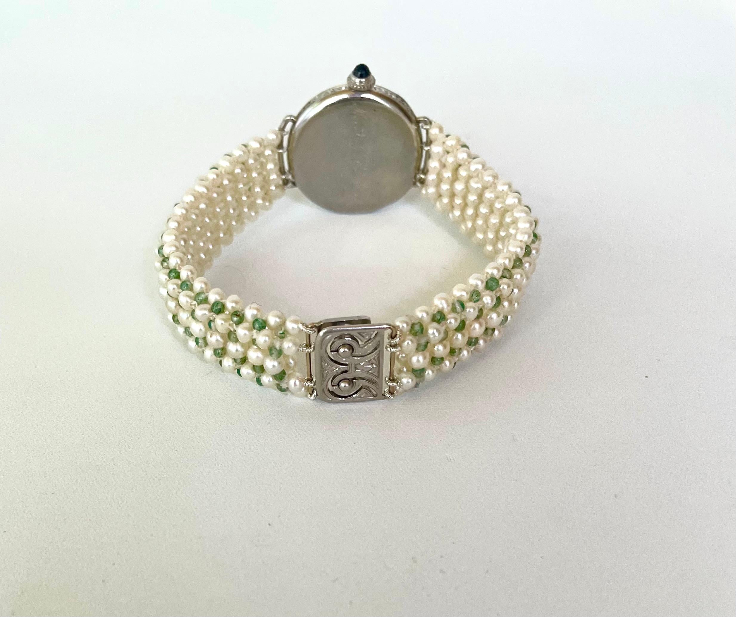 Marina J Edwardian Diamond, Enamel, Platinum, Gold Watch & Woven Pearl Bracelet For Sale 1
