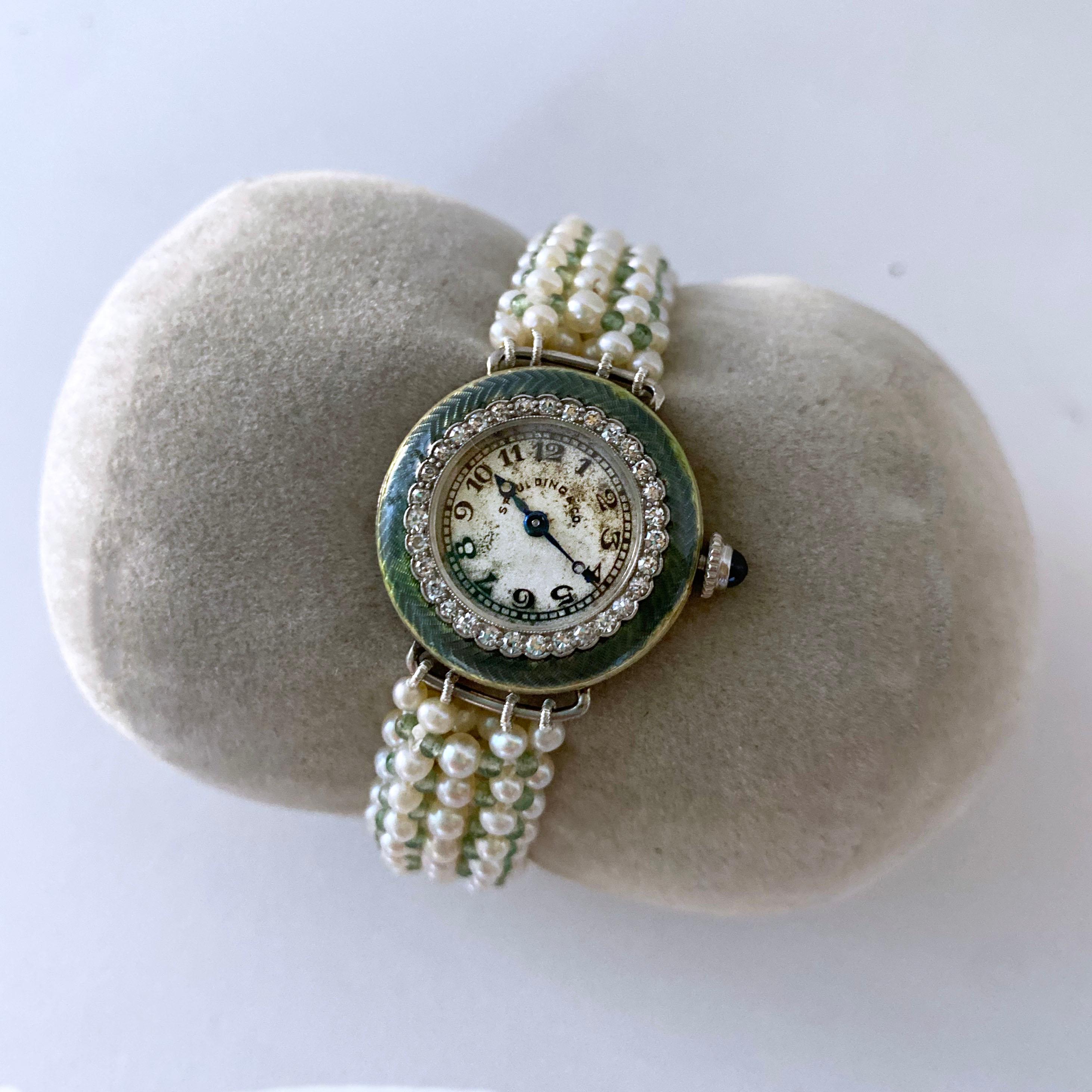 Marina J Edwardian Diamond, Enamel, Platinum, Gold Watch & Woven Pearl Bracelet In New Condition For Sale In Los Angeles, CA