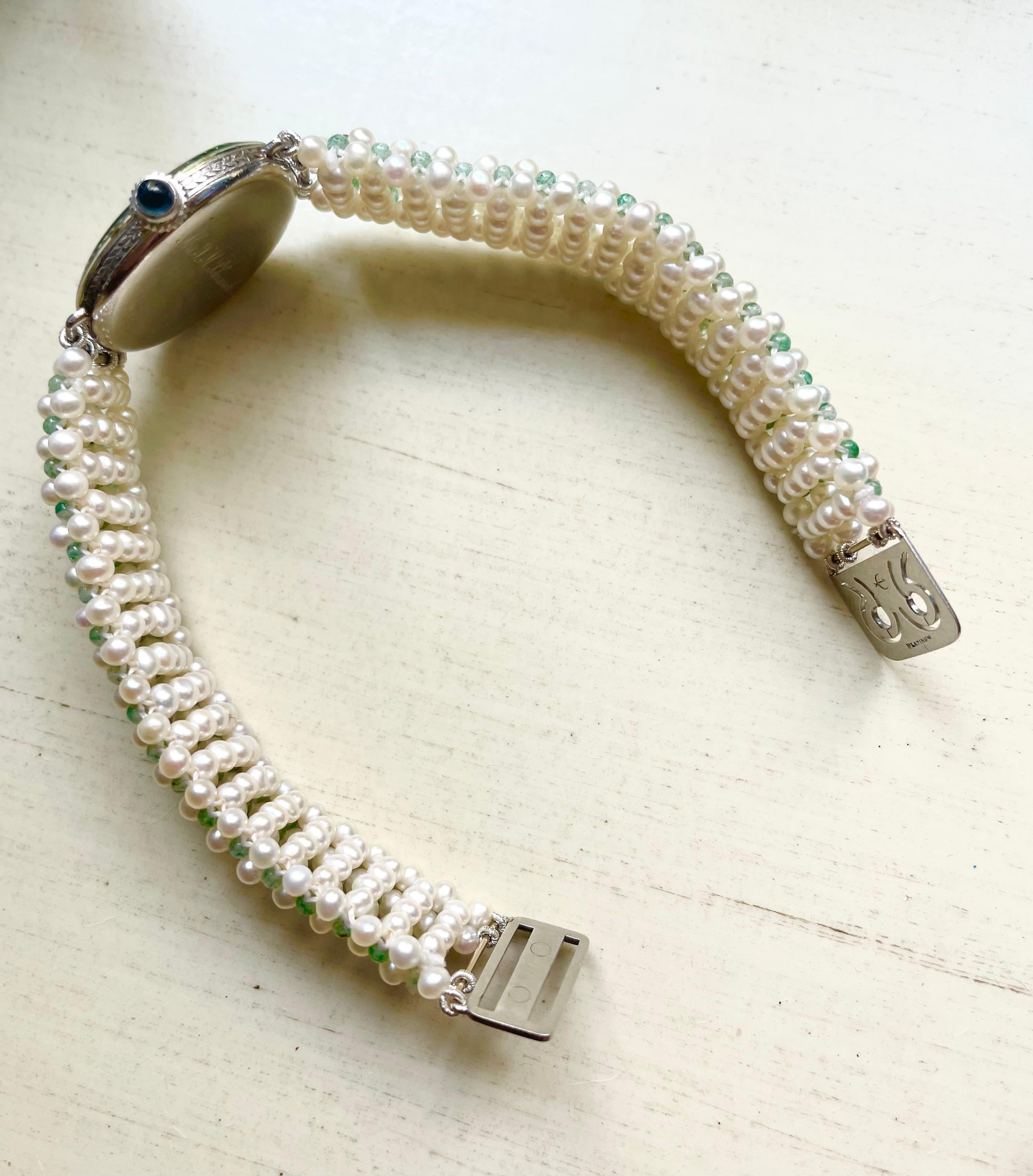 Marina J Edwardian Diamond, Enamel, Platinum, Gold Watch & Woven Pearl Bracelet For Sale 2