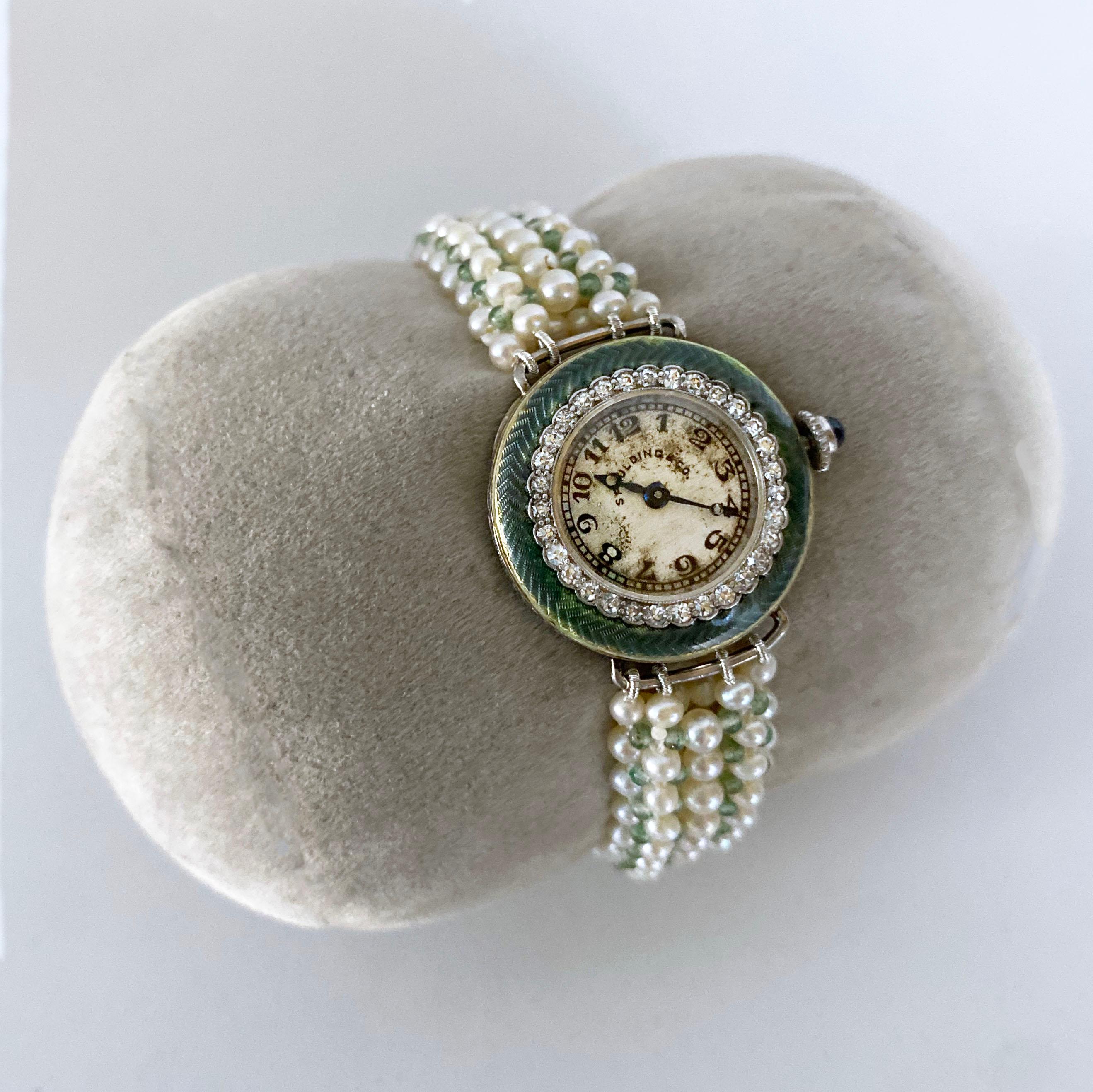 Marina J Edwardianische Uhr & gewebtes Perlenarmband aus Diamanten, Emaille, Platin, Gold und Gold im Zustand „Hervorragend“ im Angebot in Los Angeles, CA