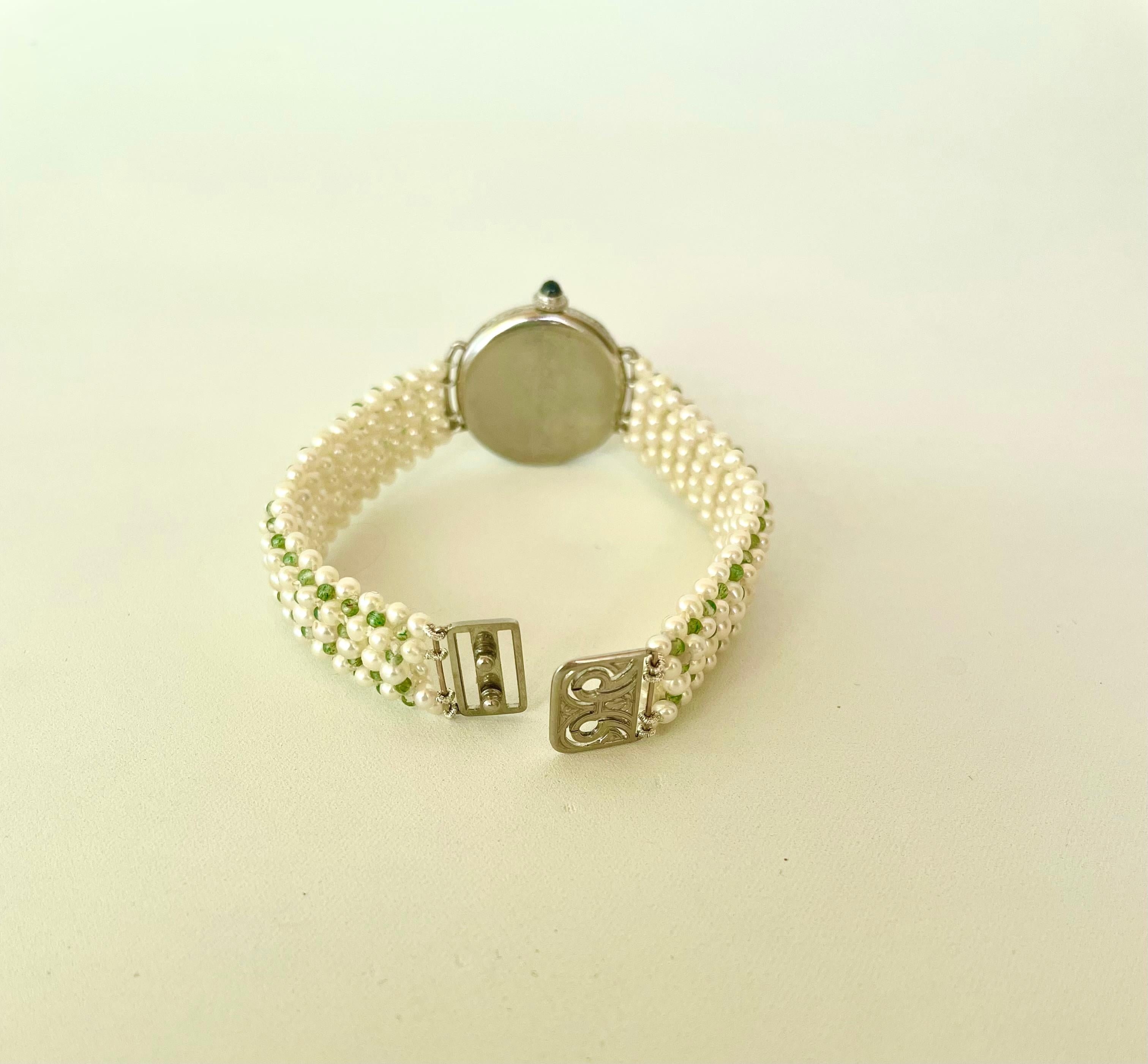 Marina J Edwardian Diamond, Enamel, Platinum, Gold Watch & Woven Pearl Bracelet For Sale 3