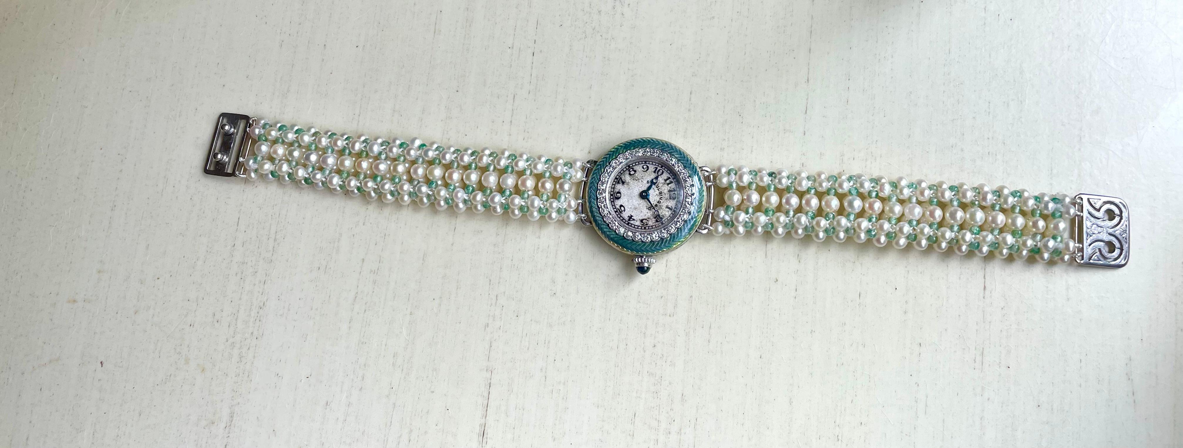 Marina J Edwardian Diamond, Enamel, Platinum, Gold Watch & Woven Pearl Bracelet For Sale 4