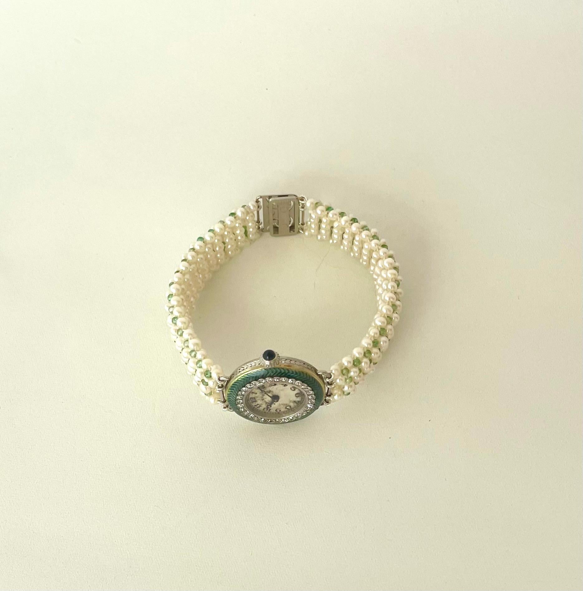 Marina J Edwardian Diamond, Enamel, Platinum, Gold Watch & Woven Pearl Bracelet For Sale 2