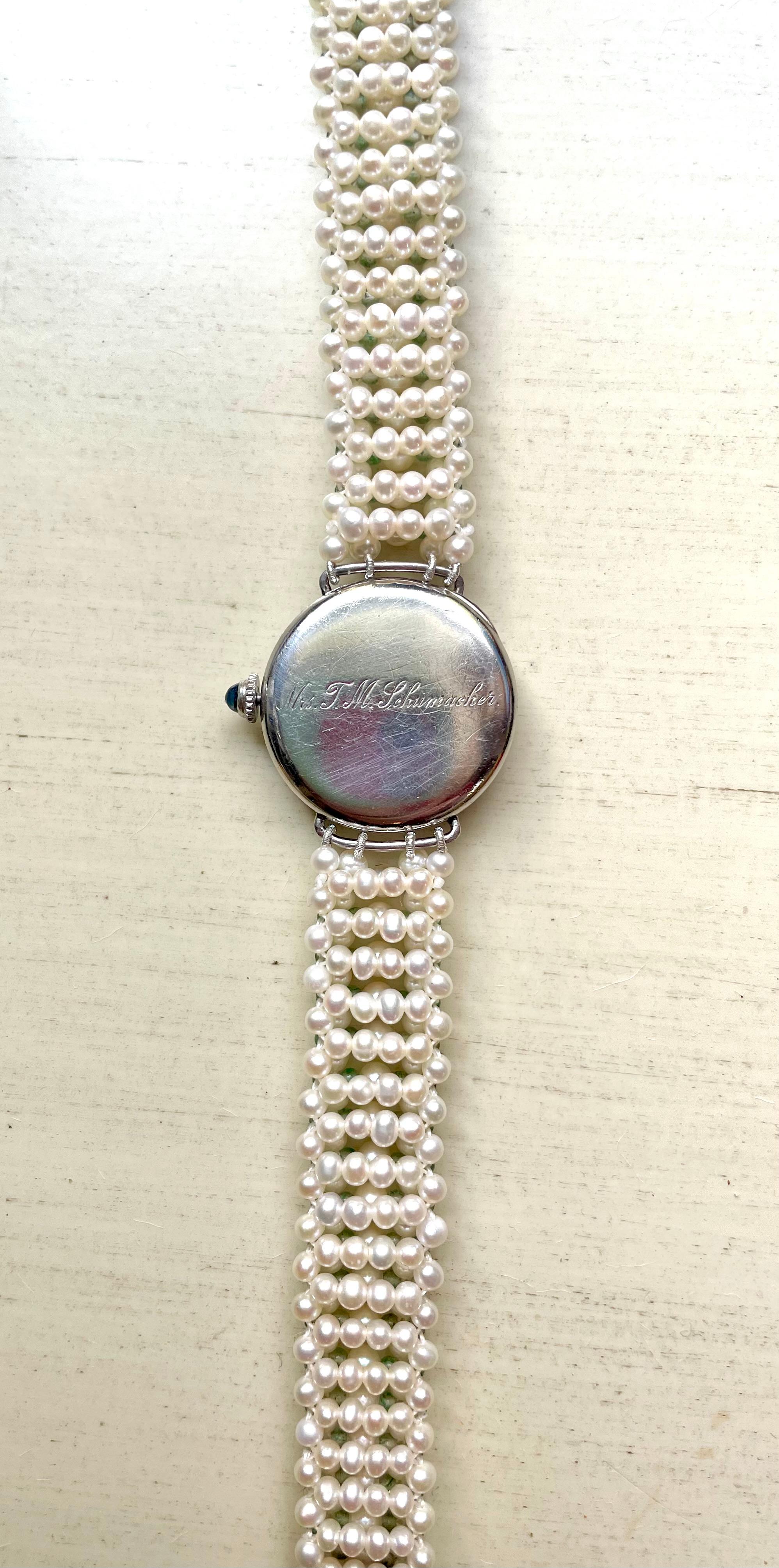 Marina J Edwardian Diamond, Enamel, Platinum, Gold Watch & Woven Pearl Bracelet For Sale 5