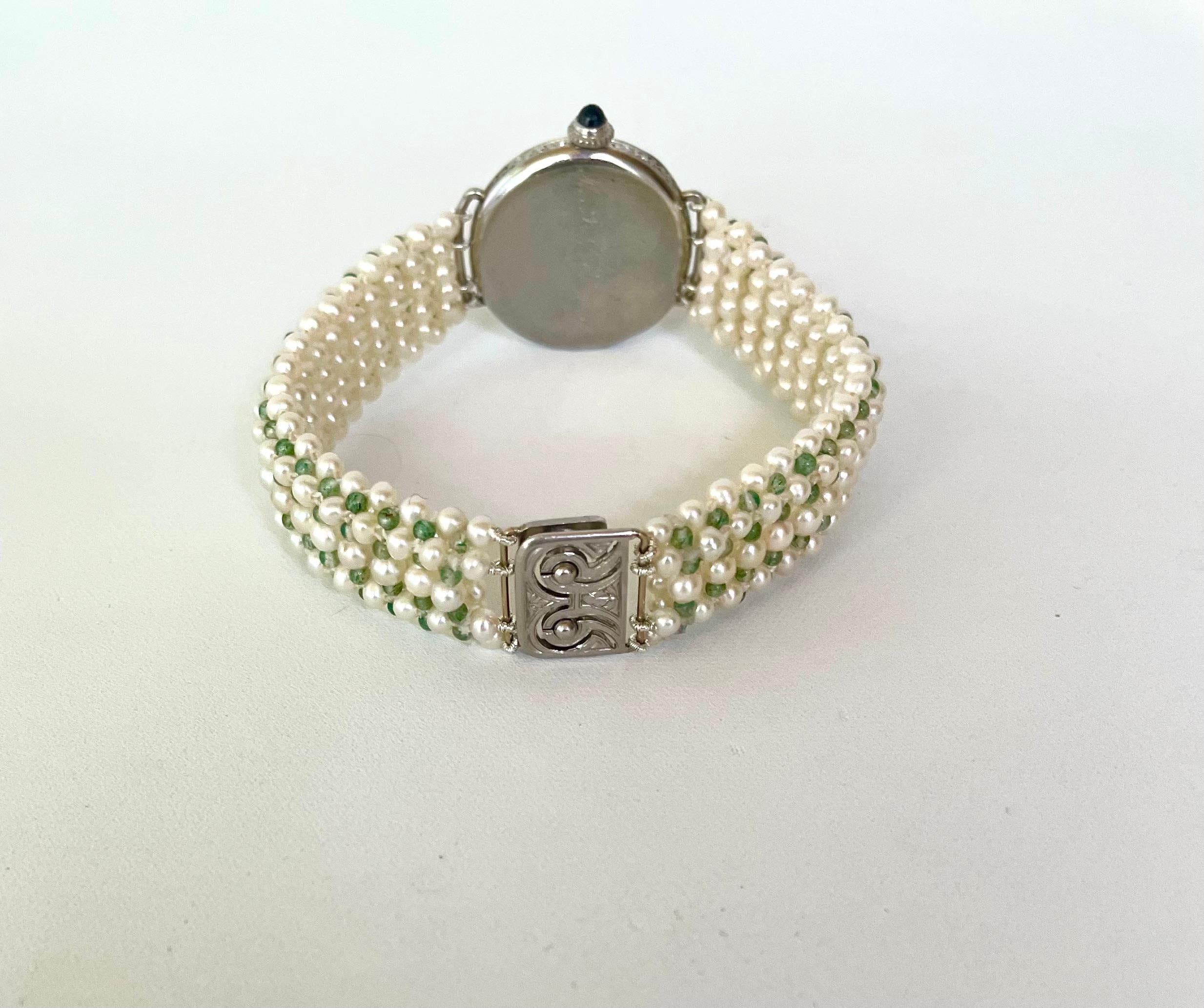 Marina J Edwardian Diamond, Enamel, Platinum, Gold Watch & Woven Pearl Bracelet For Sale 4