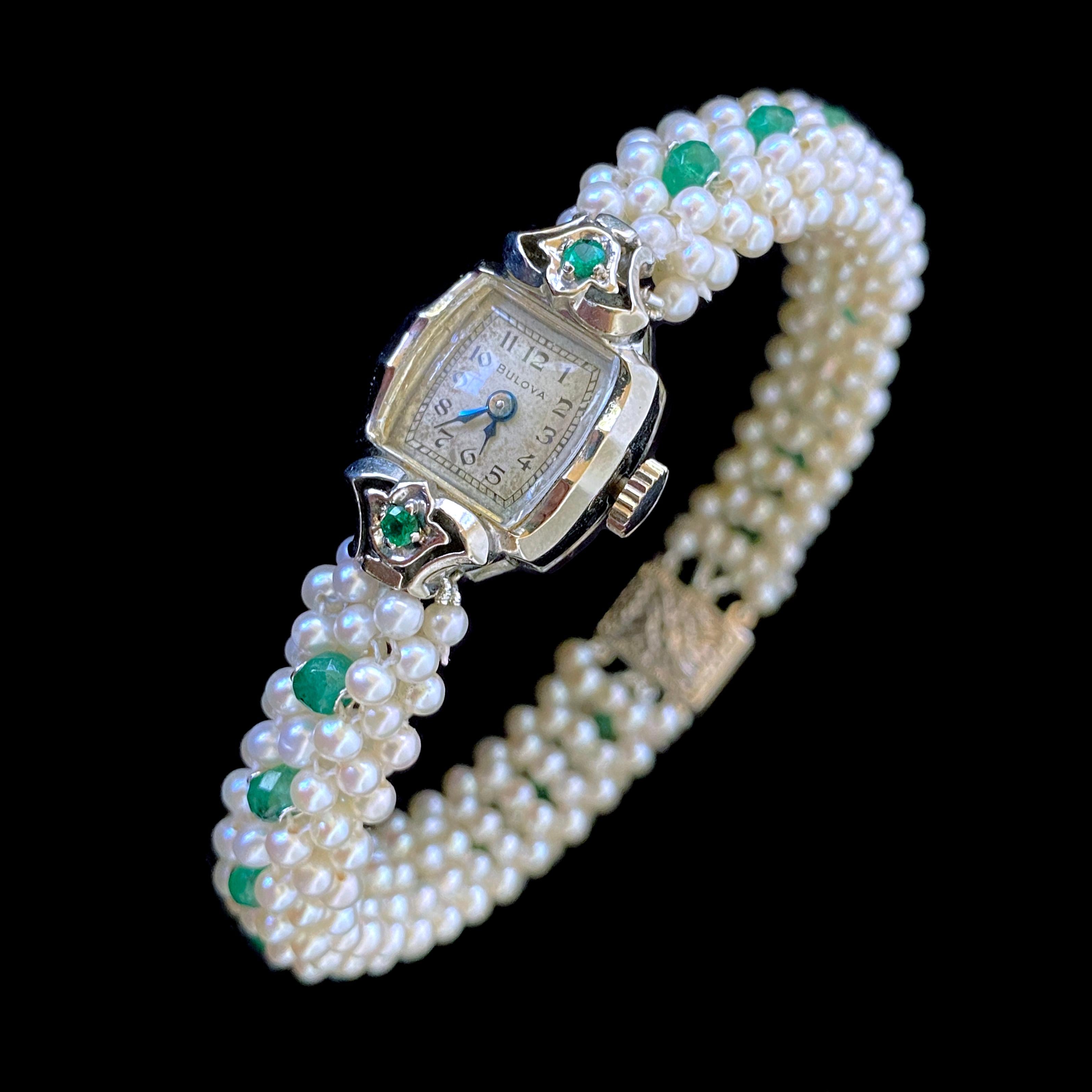 Gorgeous reworking of antique jewelry by Marina J. This One of A Kind piece features a Vintage solid 14k White Gold working Bulova watch, stamped 14k on its back. The manual dial watch features a wonderful decorative Filigree design and sits