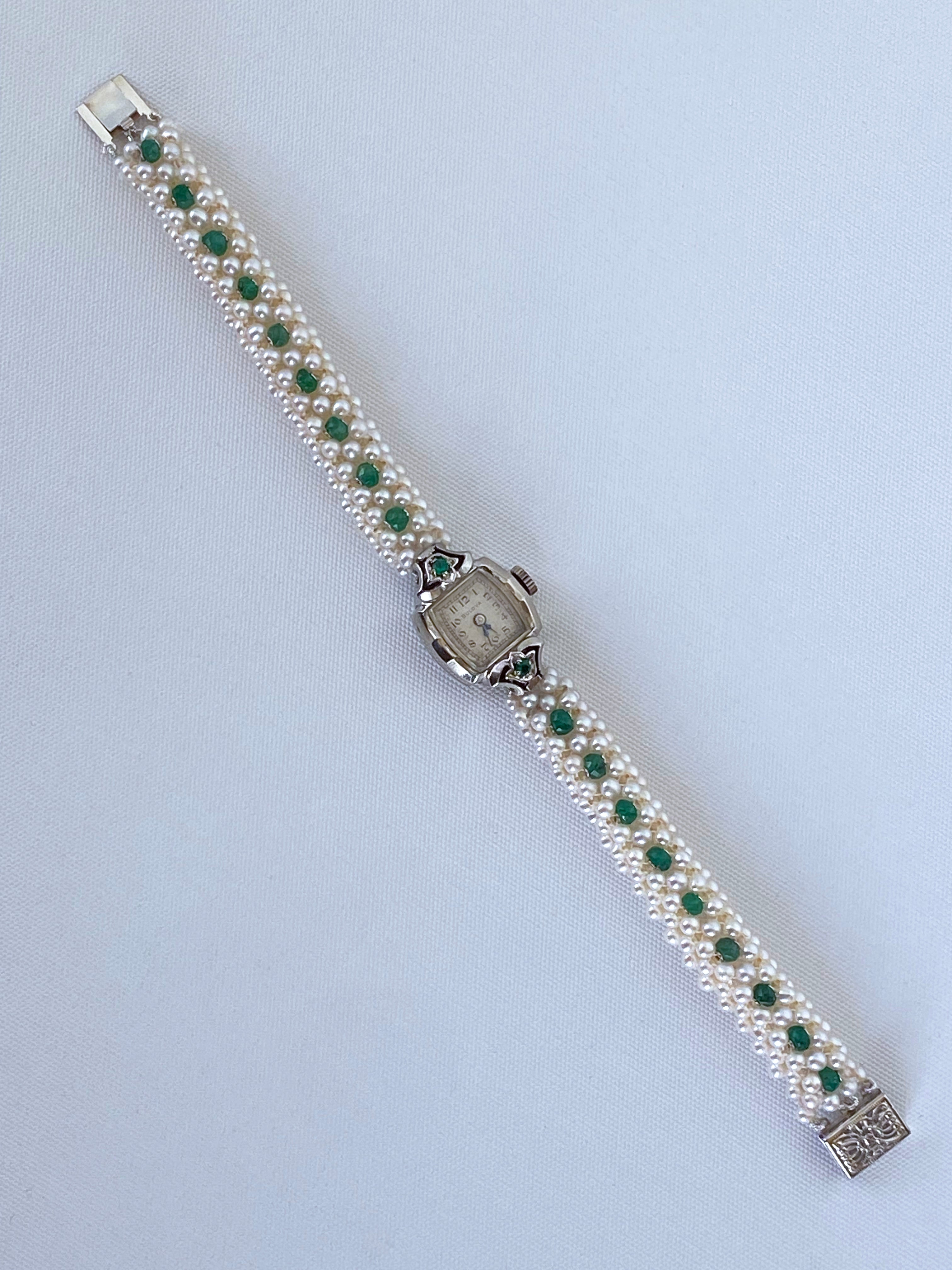 Artisan Marina J. Emerald Encrusted Vintage Watch with Pearls and 14k White Gold For Sale