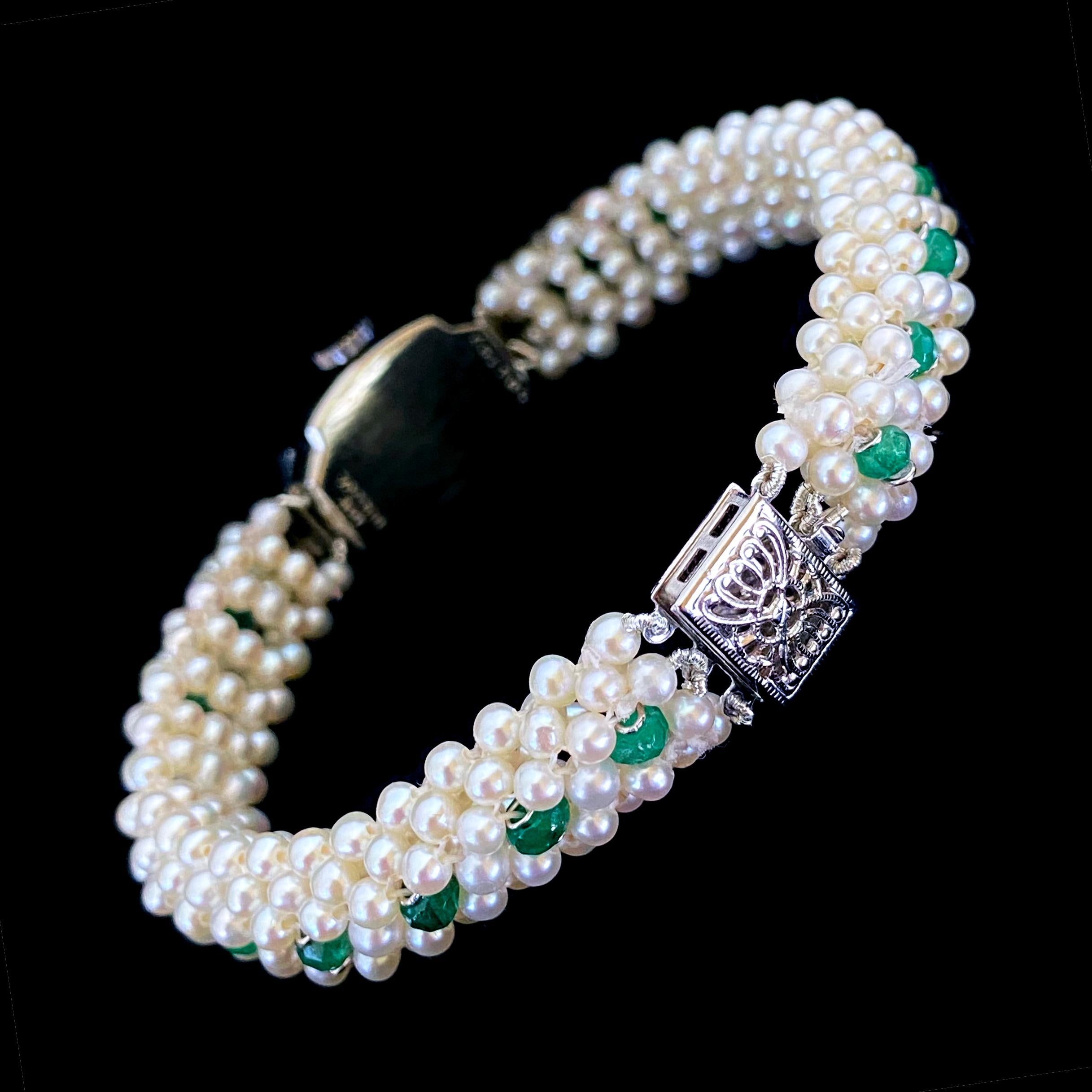 Artisan Marina J. Emerald Encrusted Vintage Watch with Pearls and 14k White Gold For Sale