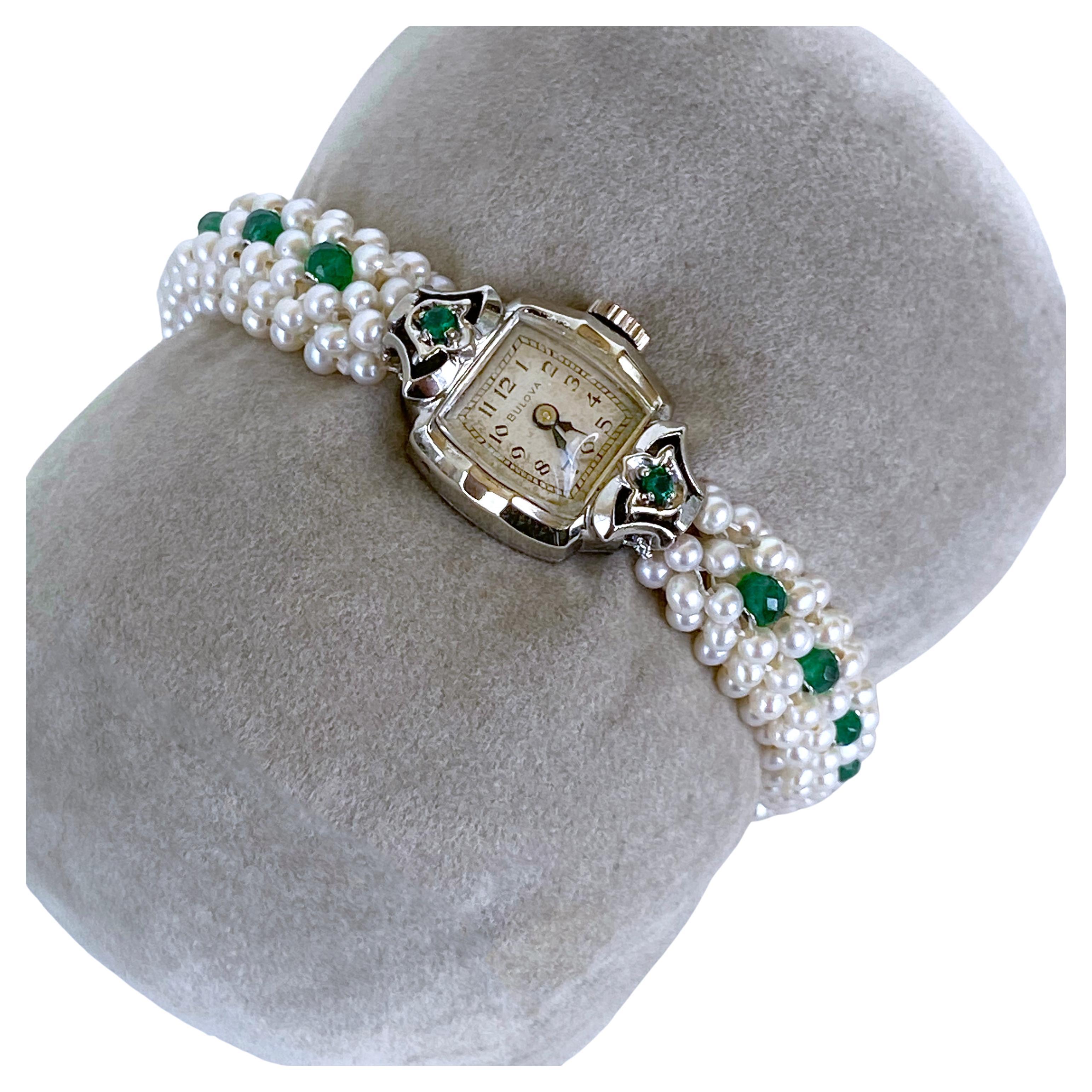 Cushion Cut Marina J. Emerald Encrusted Vintage Watch with Pearls and 14k White Gold For Sale